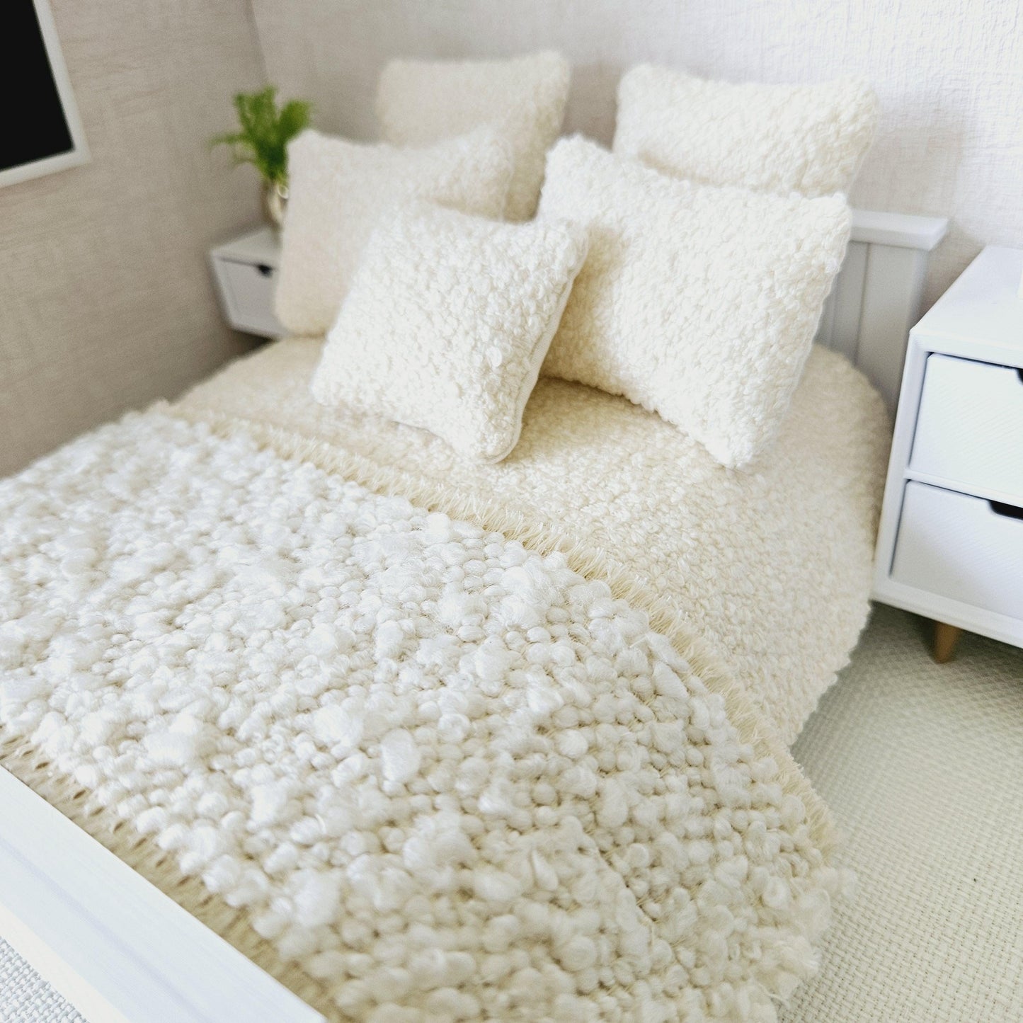 Dolls house 7 piece set, Double bedding, Cosy Cream boucle with cream throw, 12th scale bedding, miniature bed set