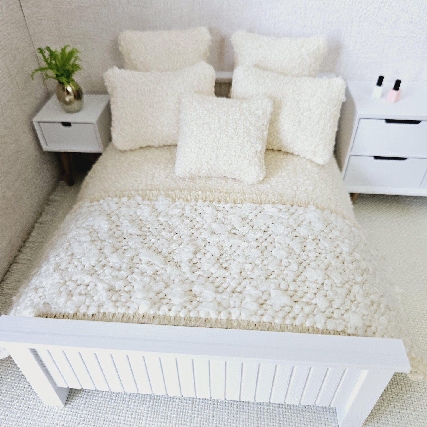 Dolls house 7 piece set, Double bedding, Cosy Cream boucle with cream throw, 12th scale bedding, miniature bed set