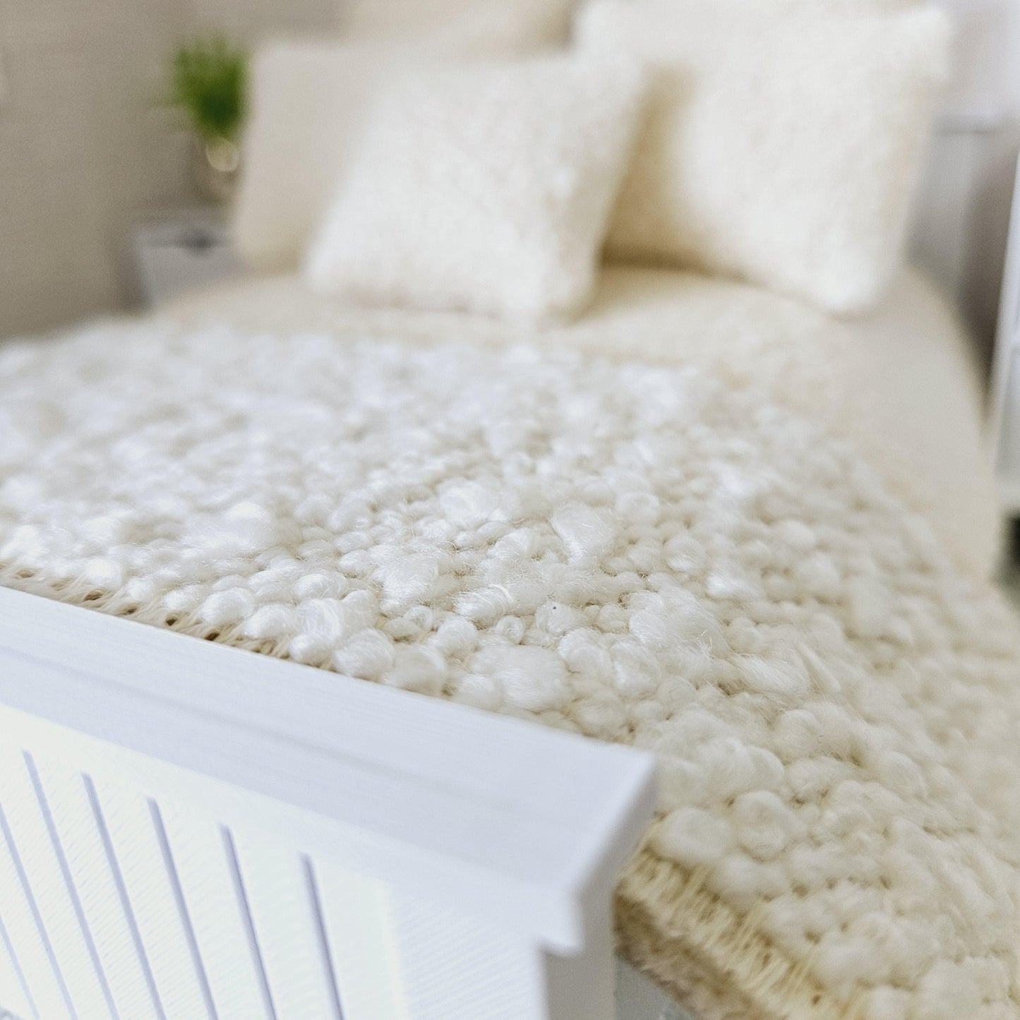 Dolls house 7 piece set, Double bedding, Cosy Cream boucle with cream throw, 12th scale bedding, miniature bed set