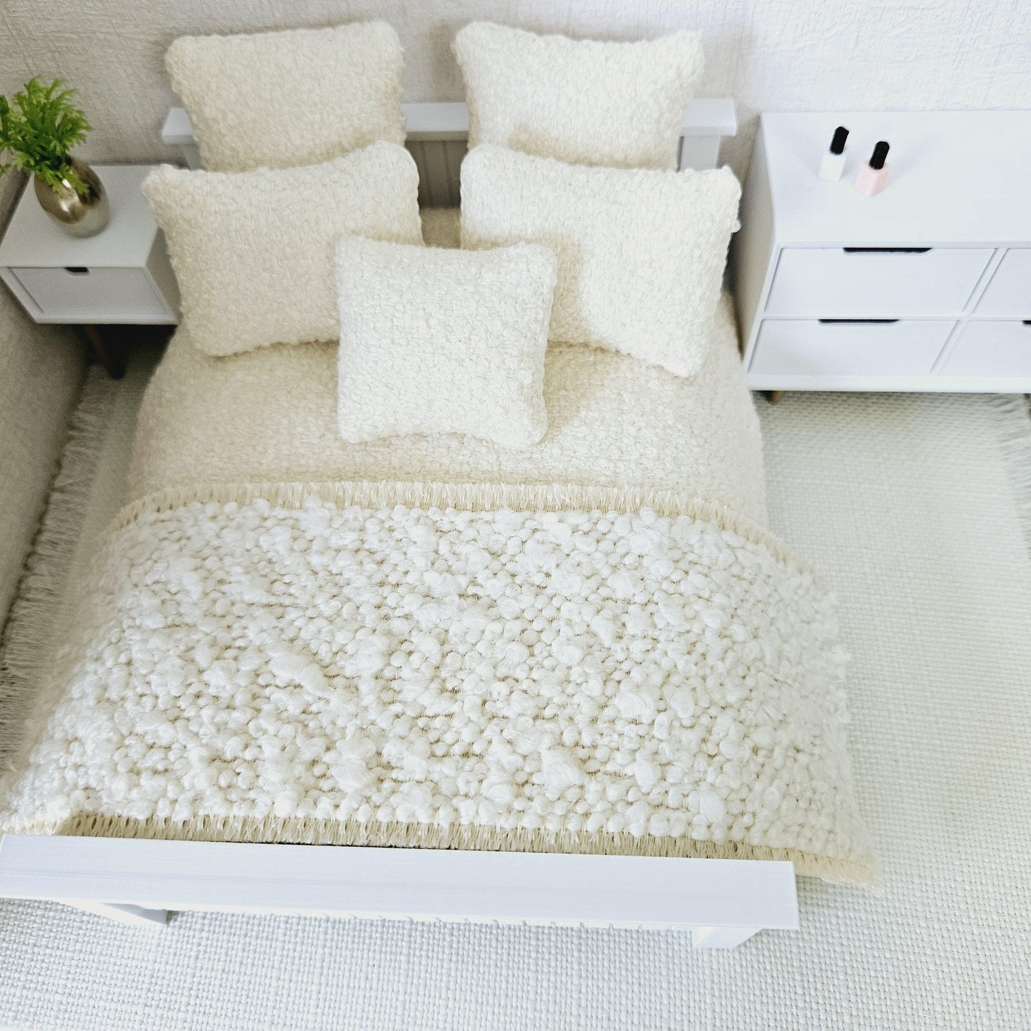 Dolls house 7 piece set, Double bedding, Cosy Cream boucle with cream throw, 12th scale bedding, miniature bed set