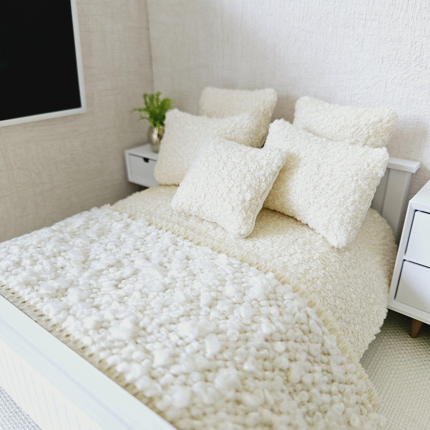 Dolls house 7 piece set, Double bedding, Cosy Cream boucle with cream throw, 12th scale bedding, miniature bed set