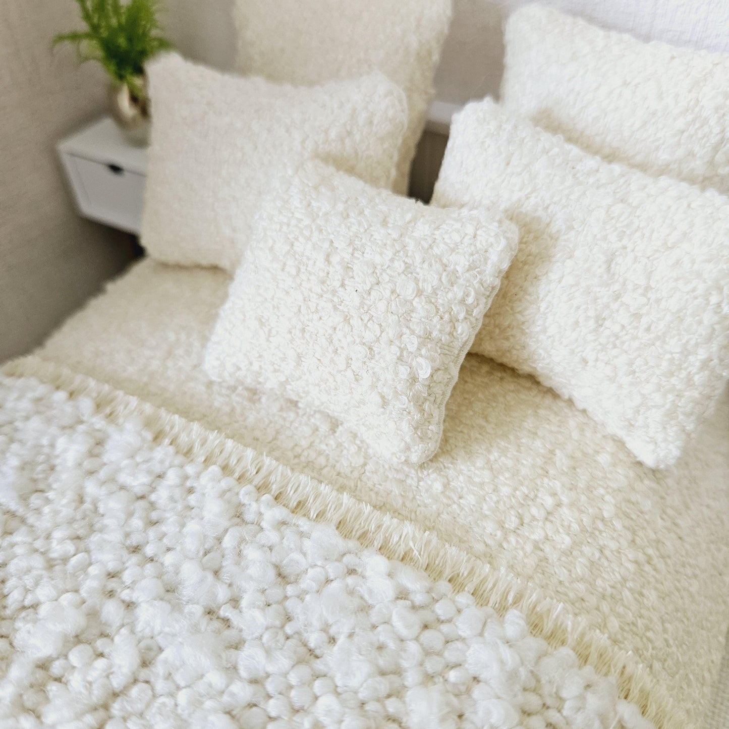 Dolls house 7 piece set, Double bedding, Cosy Cream boucle with cream throw, 12th scale bedding, miniature bed set