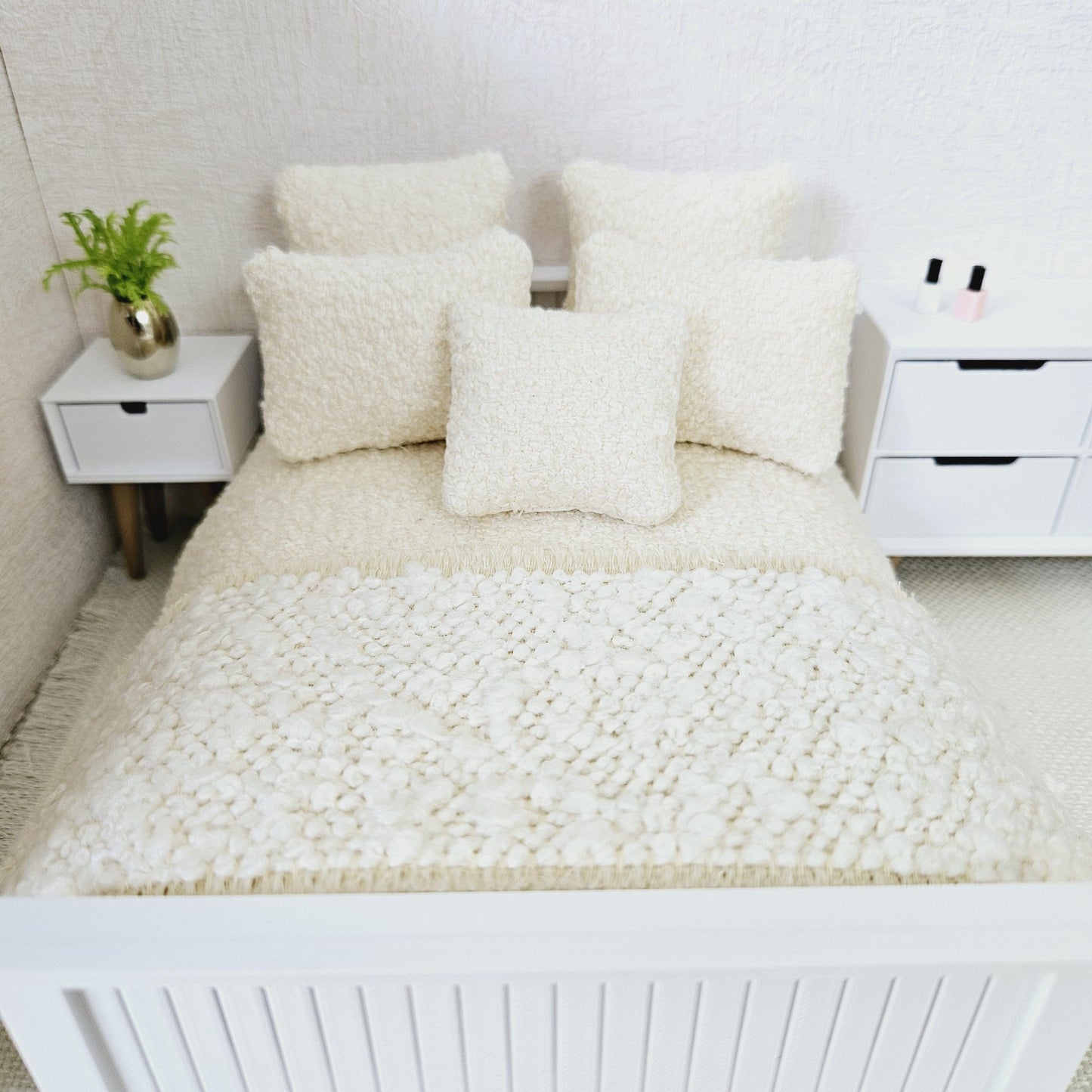Dolls house 7 piece set, Double bedding, Cosy Cream boucle with cream throw, 12th scale bedding, miniature bed set