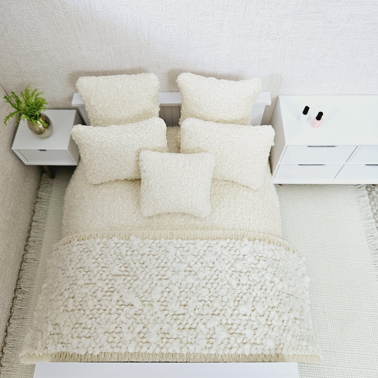 Dolls house 7 piece set, Double bedding, Cosy Cream boucle with cream throw, 12th scale bedding, miniature bed set