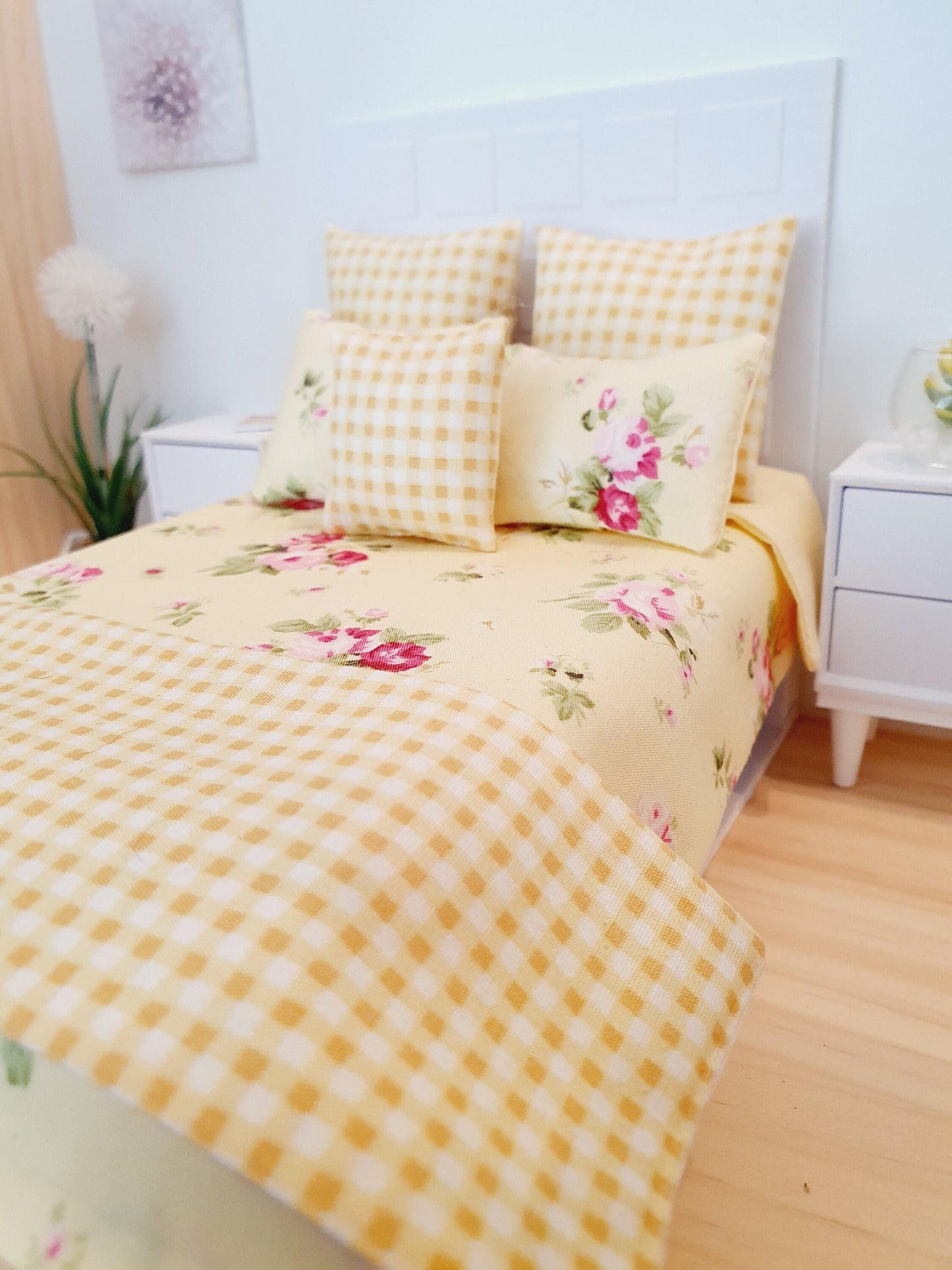 Dolls house 7 piece set, Double bedding, pretty spring yellow flower set, 12th scale bedding, miniature bed set