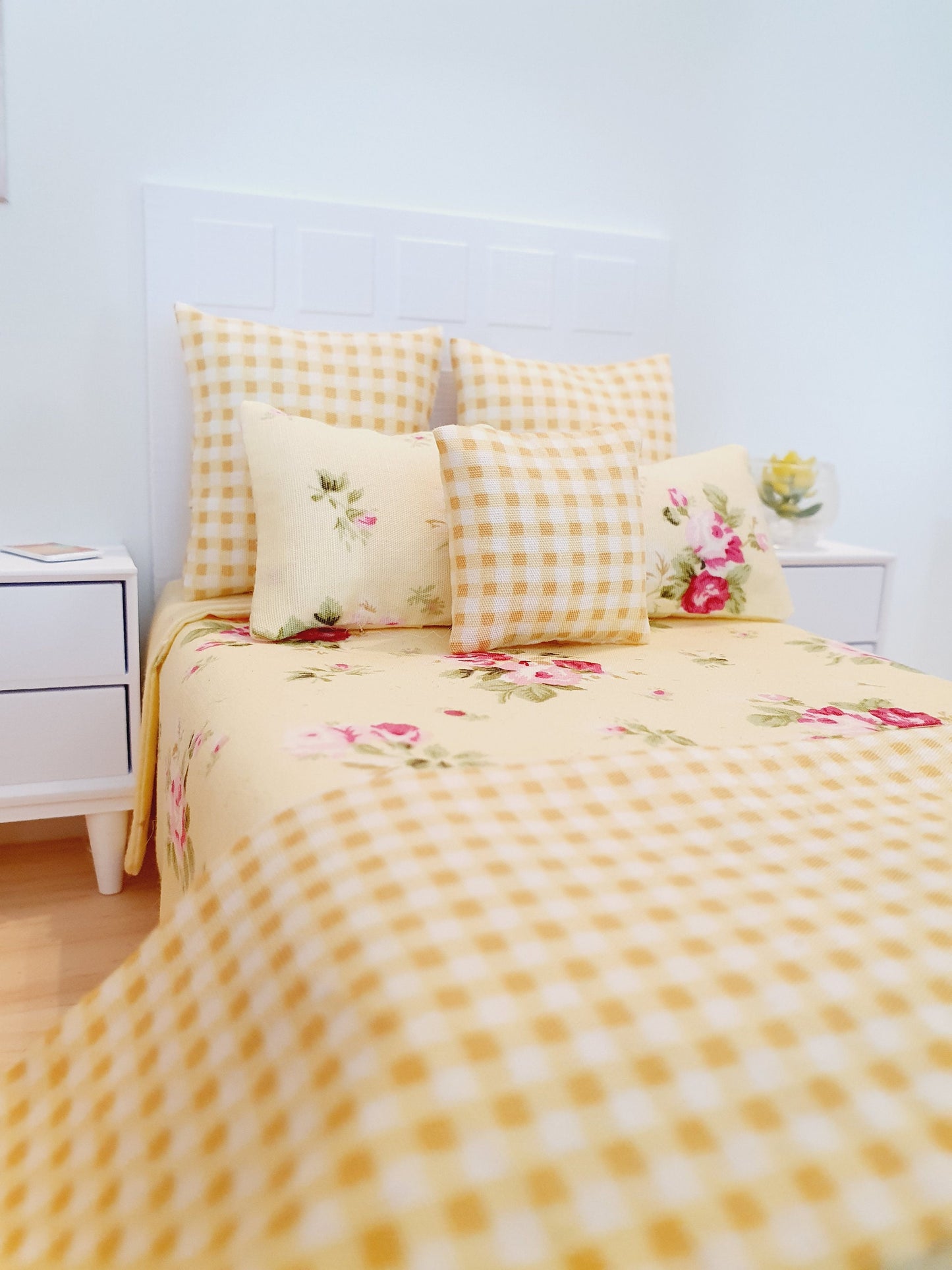 Dolls house 7 piece set, Double bedding, pretty spring yellow flower set, 12th scale bedding, miniature bed set