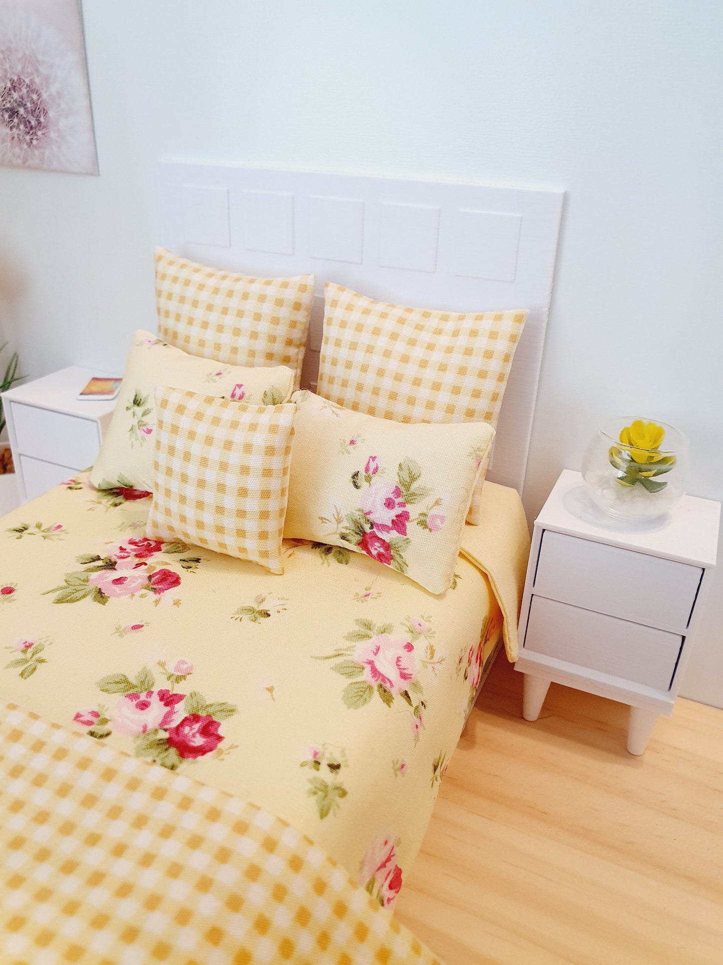 Dolls house 7 piece set, Double bedding, pretty spring yellow flower set, 12th scale bedding, miniature bed set