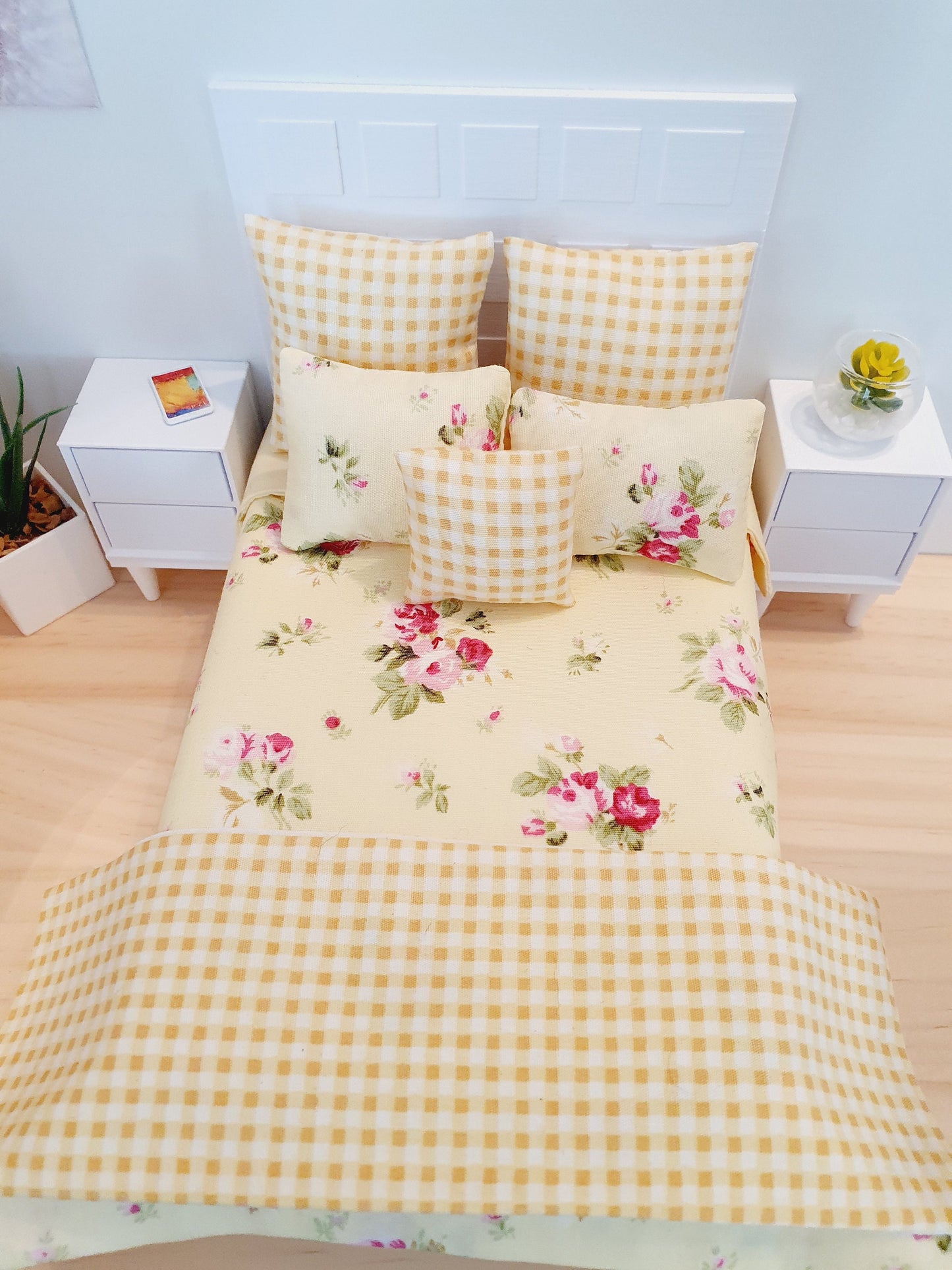 Dolls house 7 piece set, Double bedding, pretty spring yellow flower set, 12th scale bedding, miniature bed set