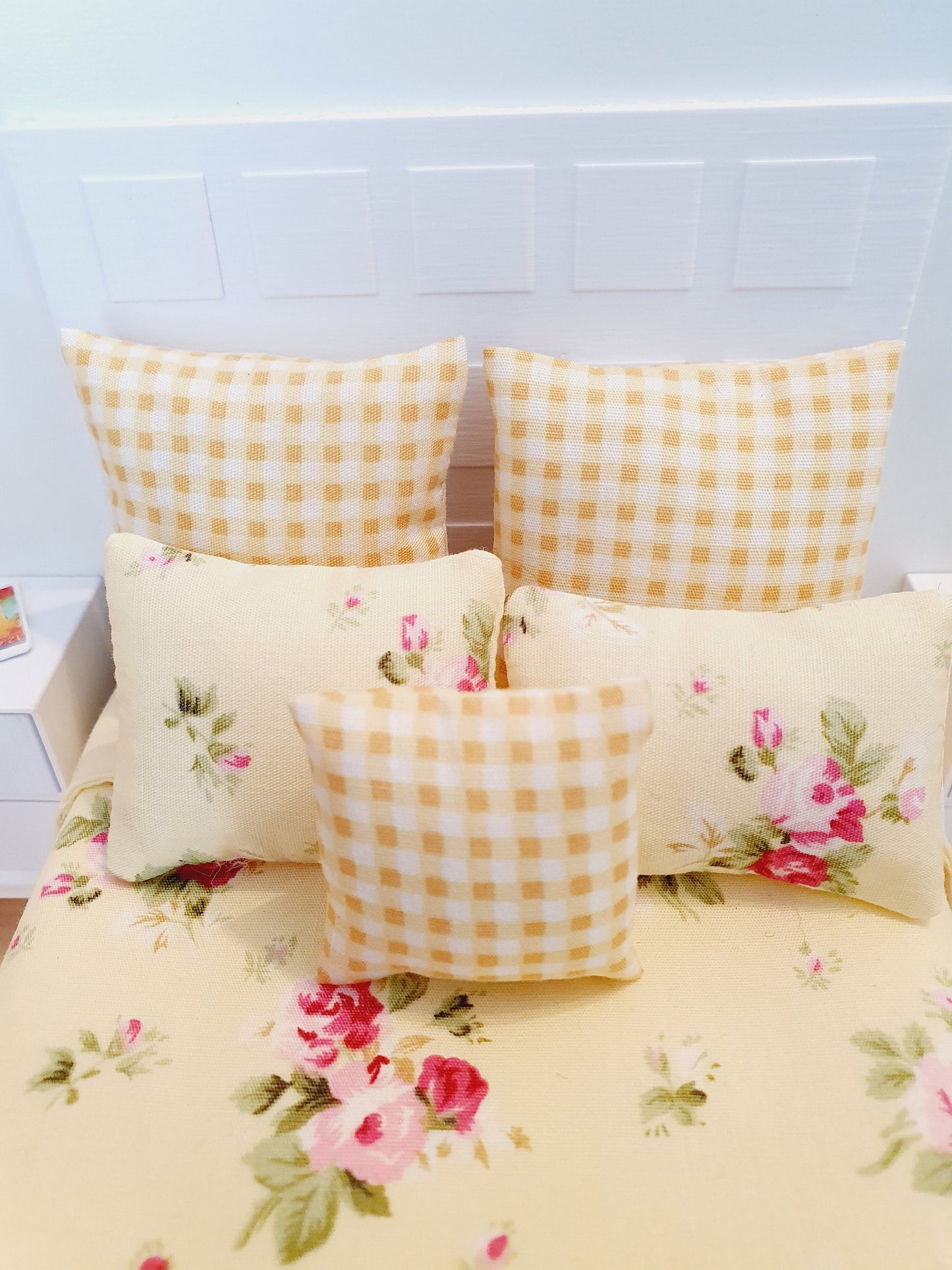 Dolls house 7 piece set, Double bedding, pretty spring yellow flower set, 12th scale bedding, miniature bed set