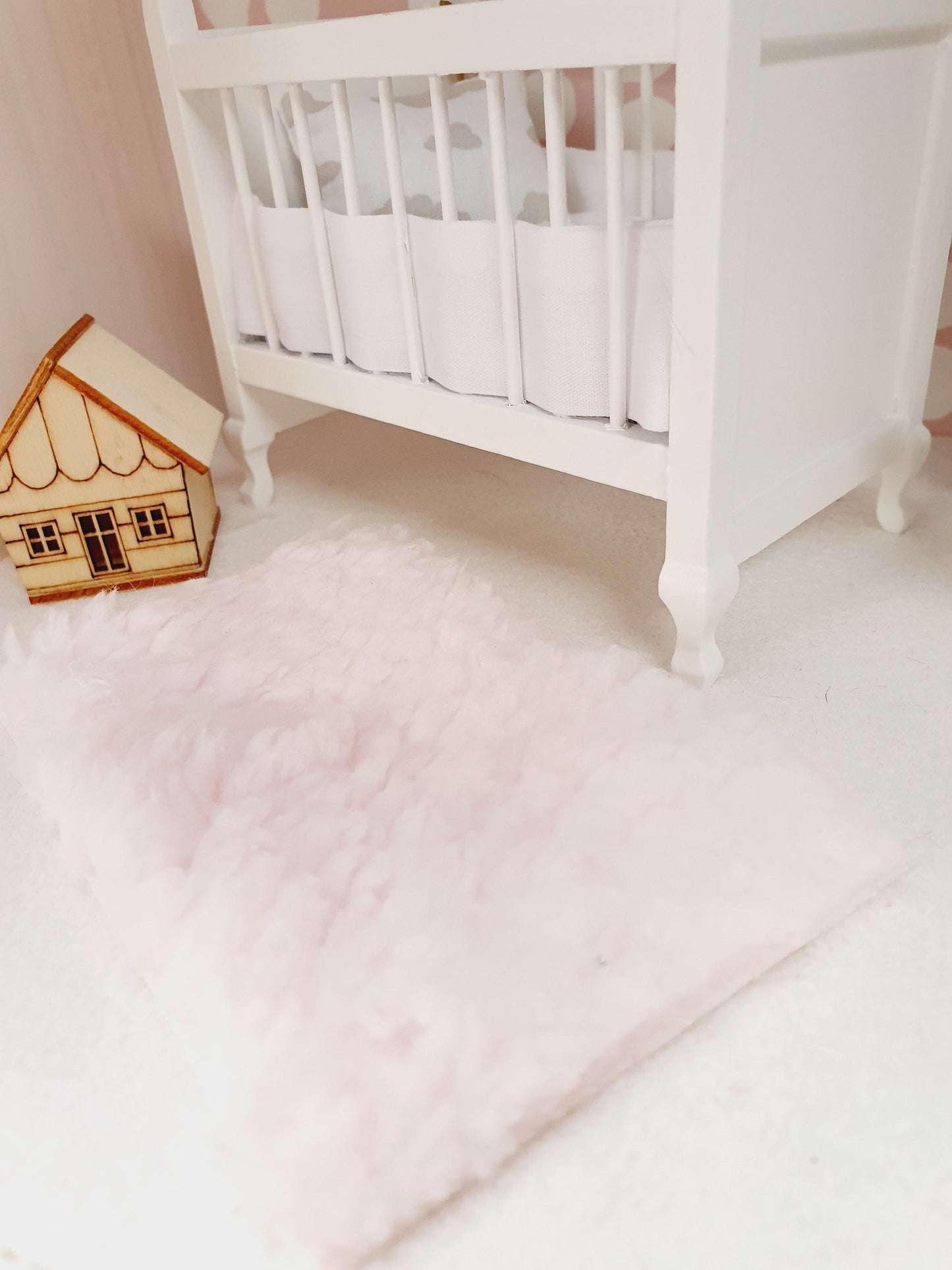 Dolls House Soft Baby Pink Fur Rug | 1:12th Scale | Miniature Rug