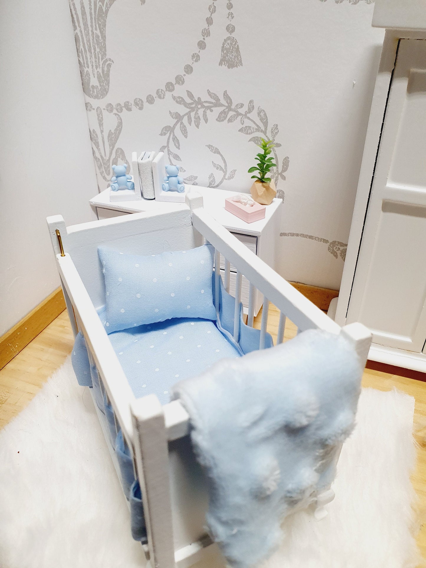 Dolls House Pretty Cot Bedding Set, Pink or Blue, 5 piece set, 12th scale, miniature bedding