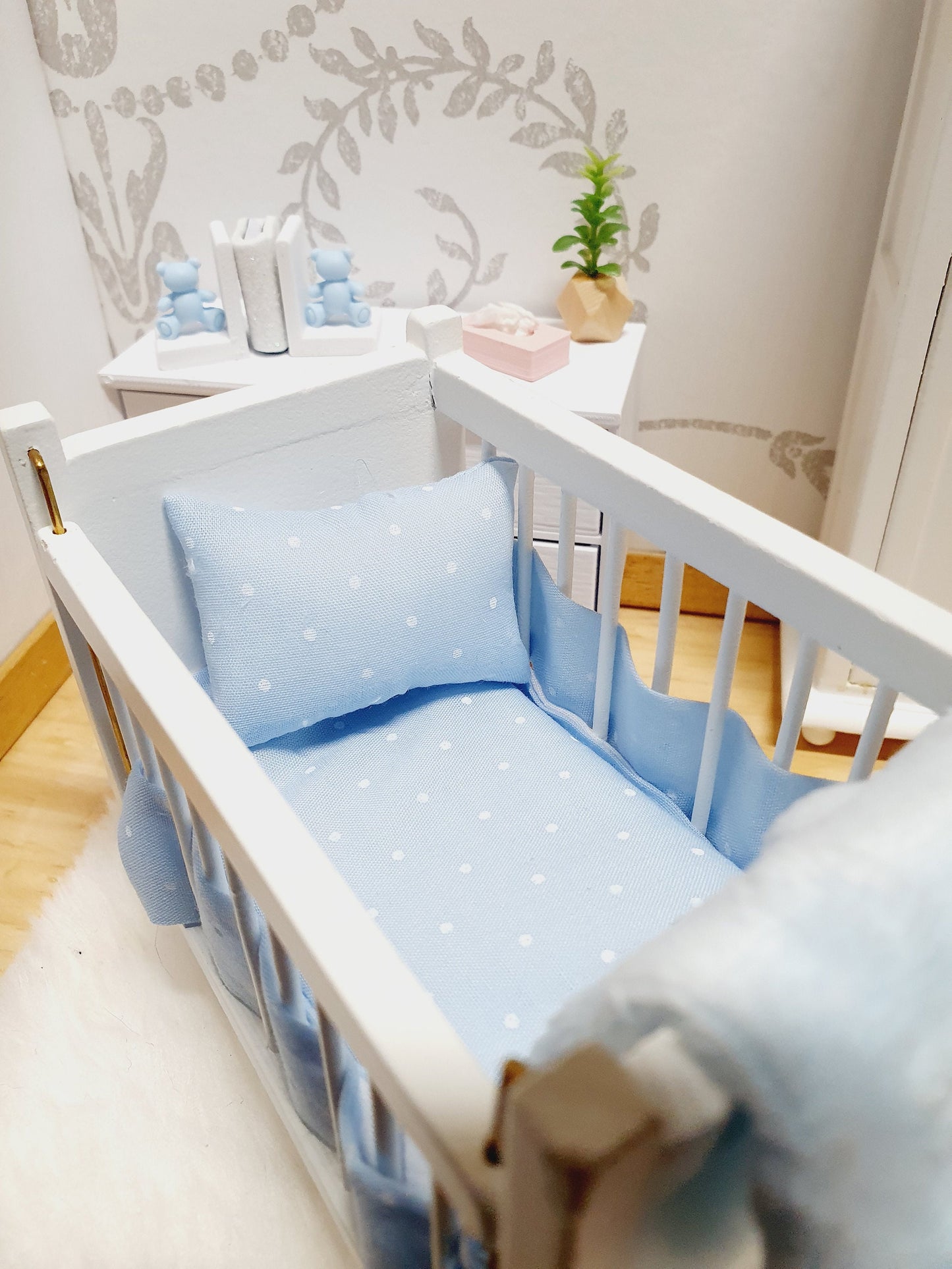 Dolls House Pretty Cot Bedding Set, Pink or Blue, 5 piece set, 12th scale, miniature bedding