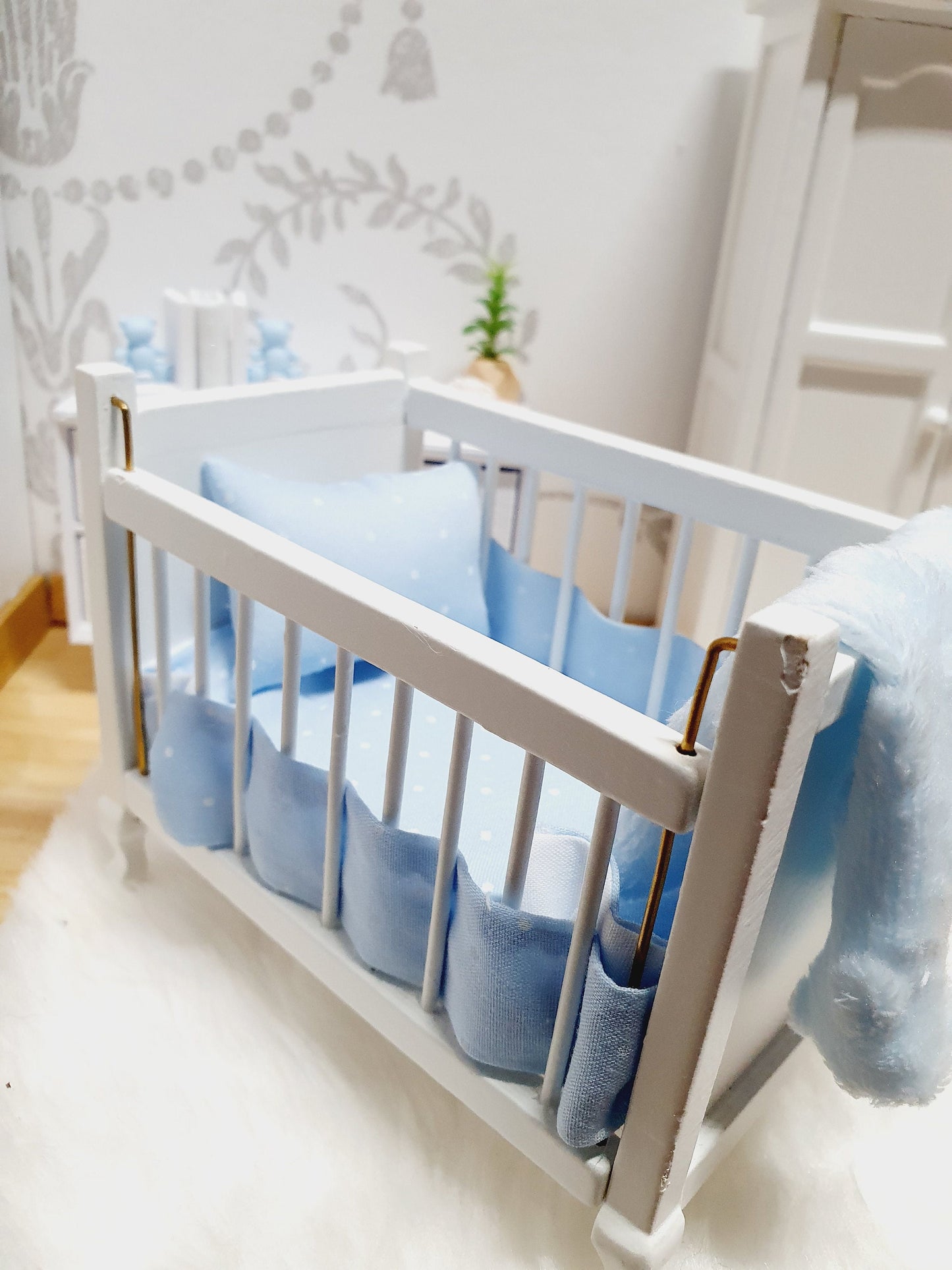 Dolls House Pretty Cot Bedding Set, Pink or Blue, 5 piece set, 12th scale, miniature bedding