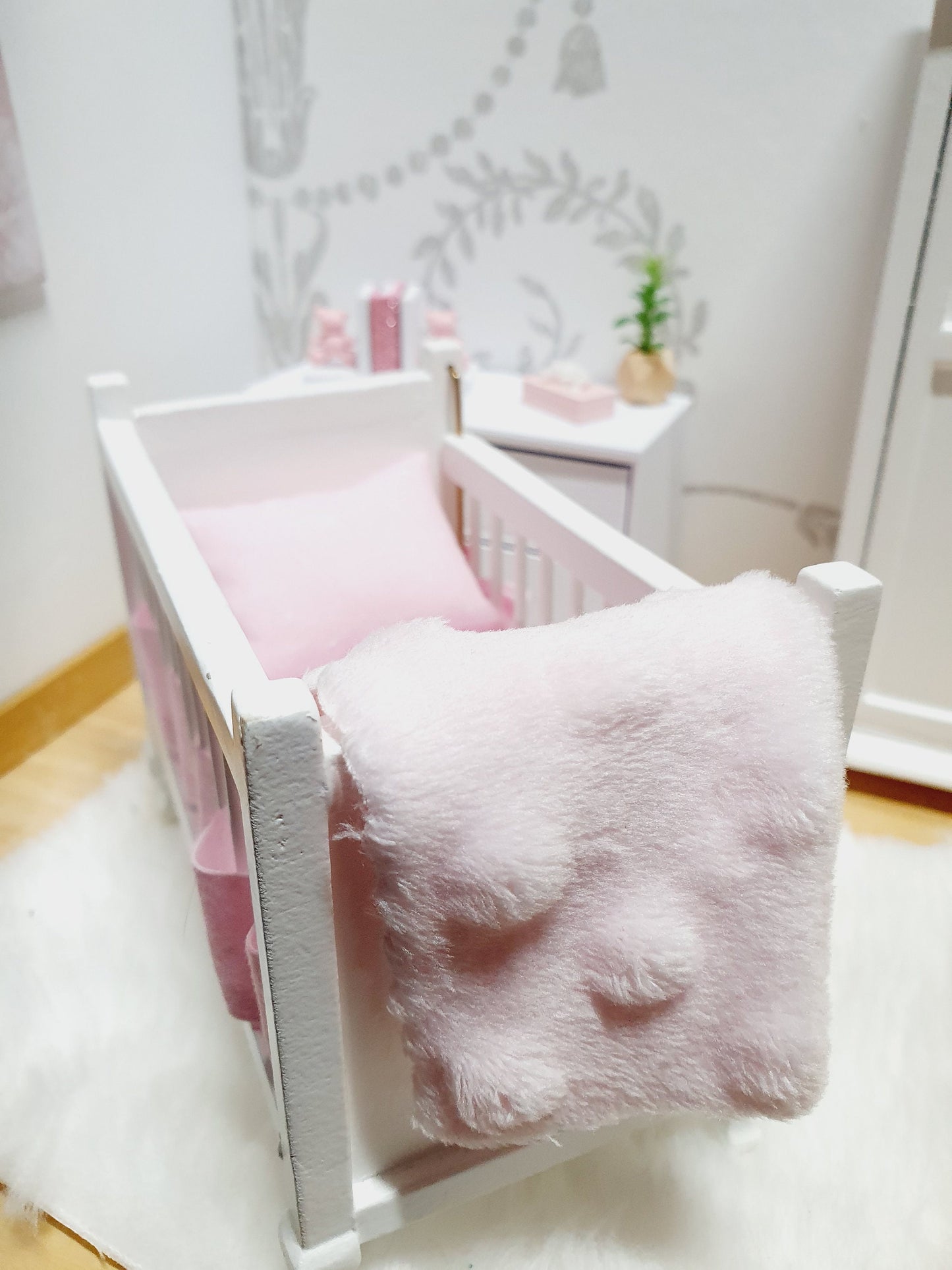 Dolls House Pretty Cot Bedding Set, Pink or Blue, 5 piece set, 12th scale, miniature bedding