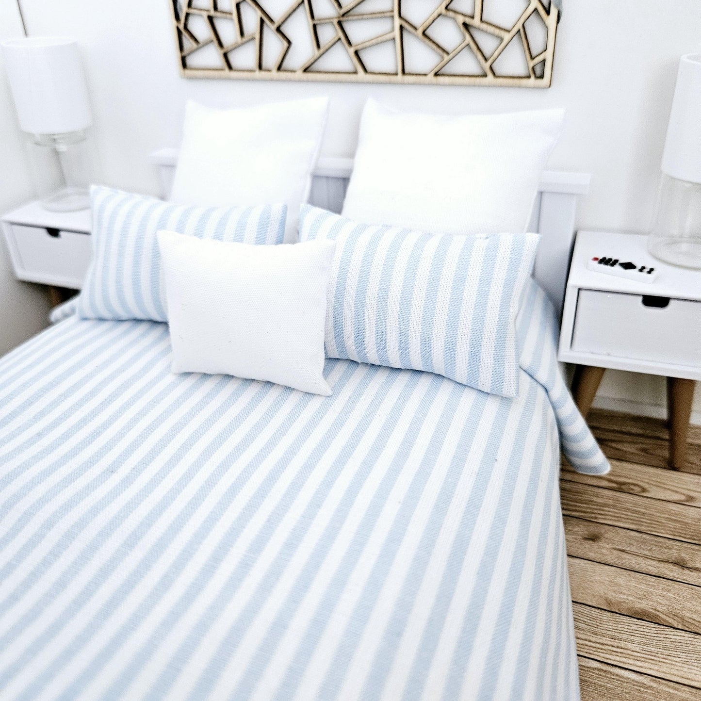 Dolls house 6 piece set, Pretty Blue & White Stripe double bedding set, 12th scale, miniature bedding