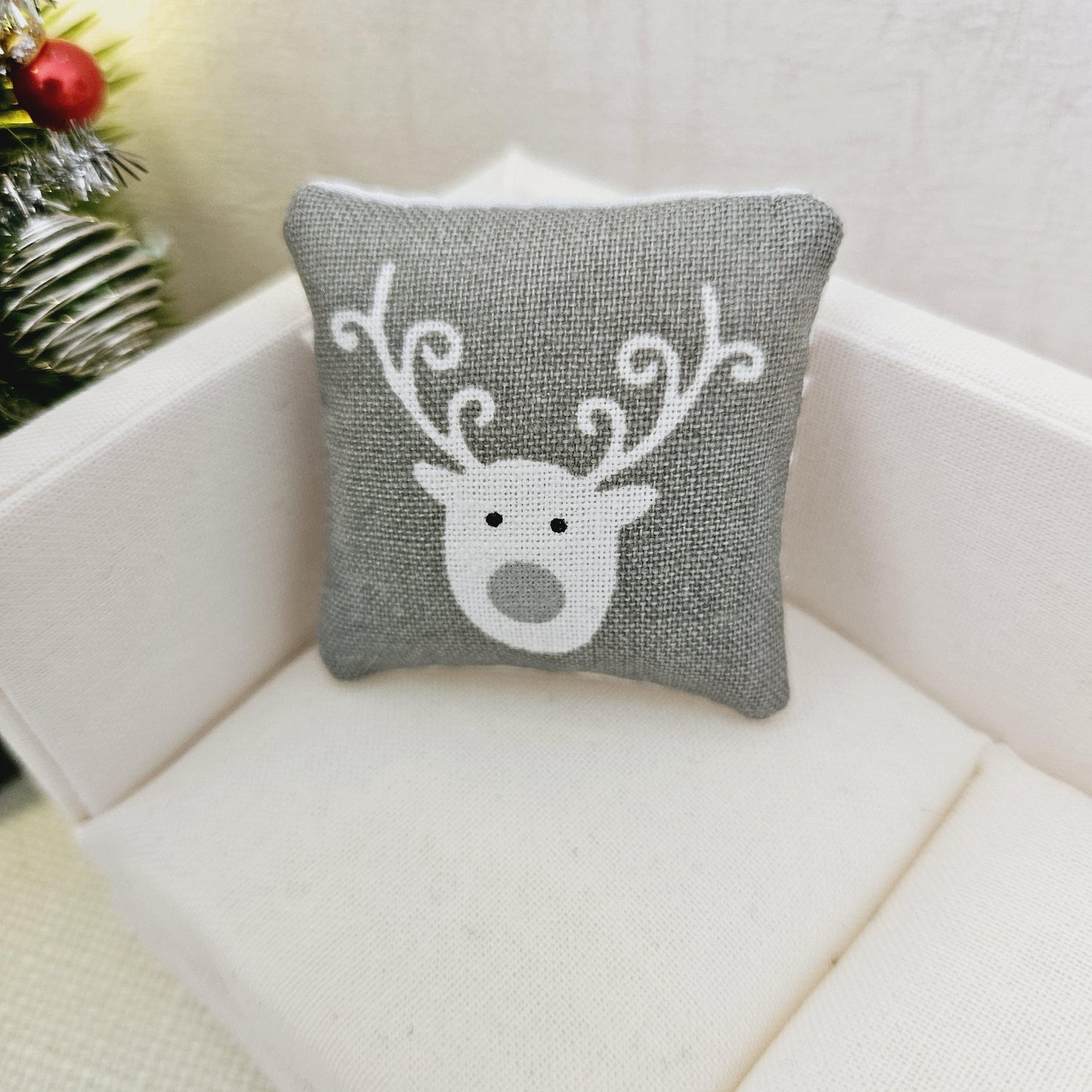 Dolls House Christmas Cushion | White Reindeer Design | Choice of Colours | 1:12 Scale Miniature