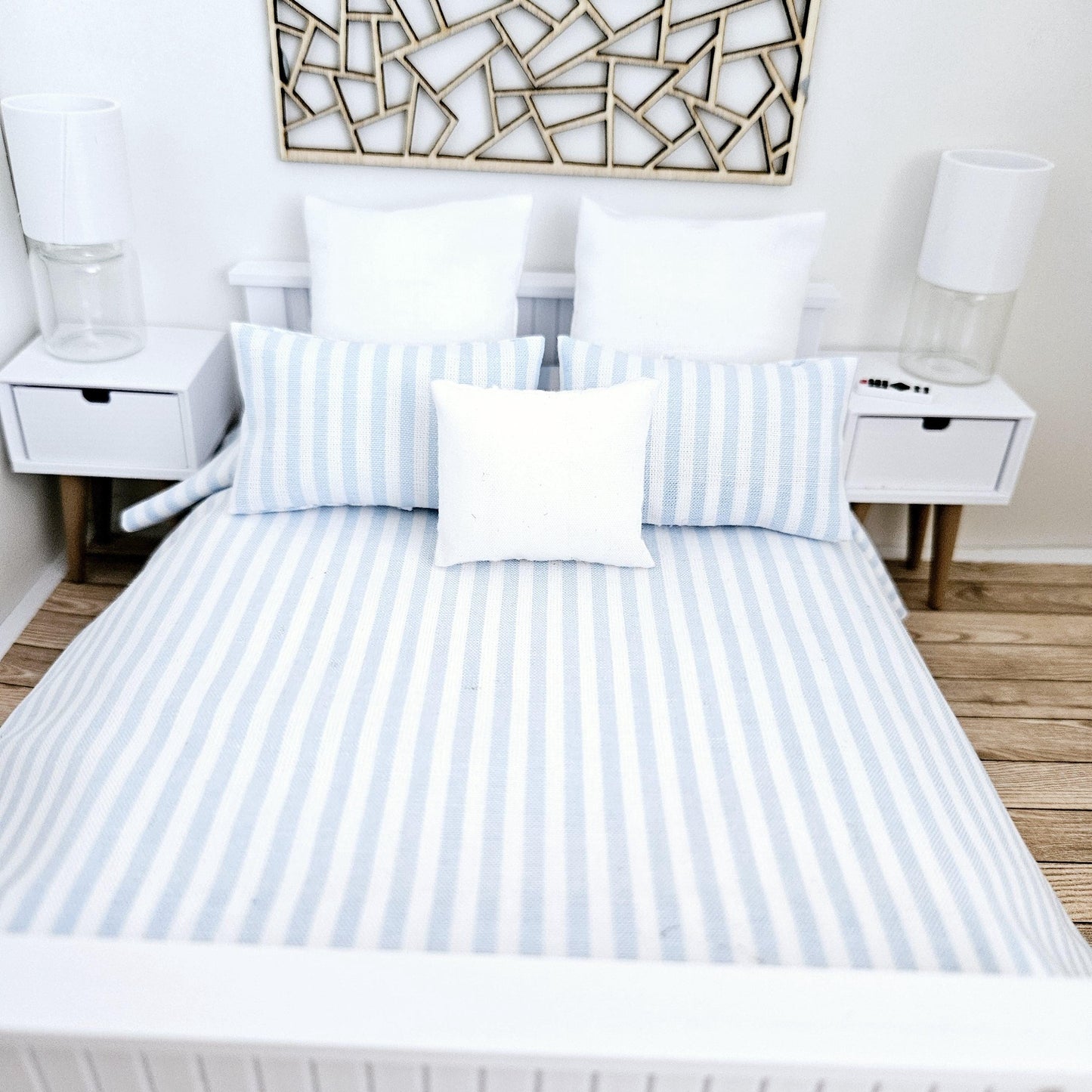Dolls house 6 piece set, Pretty Blue & White Stripe double bedding set, 12th scale, miniature bedding