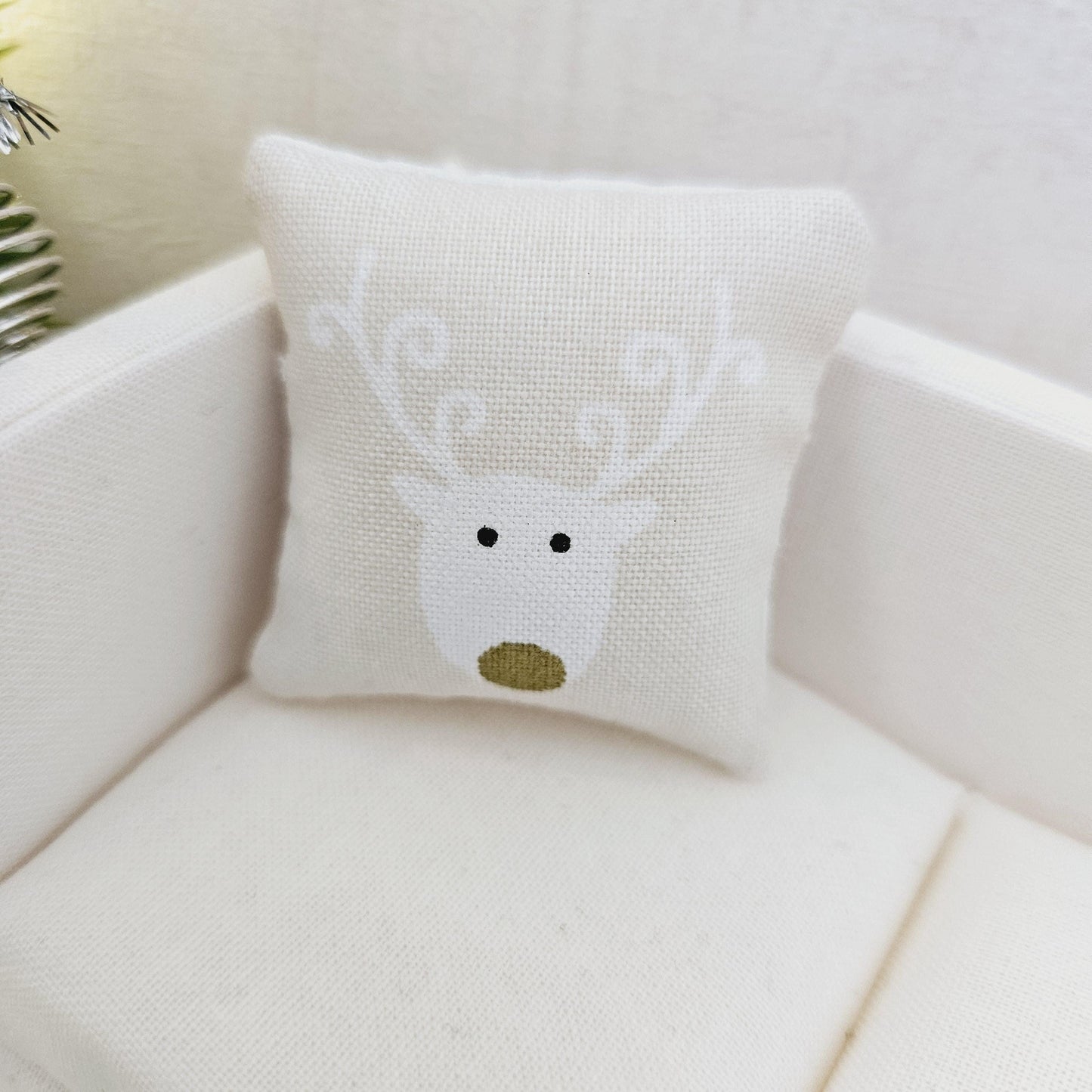 Dolls House Christmas Cushion | White Reindeer Design | Choice of Colours | 1:12 Scale Miniature