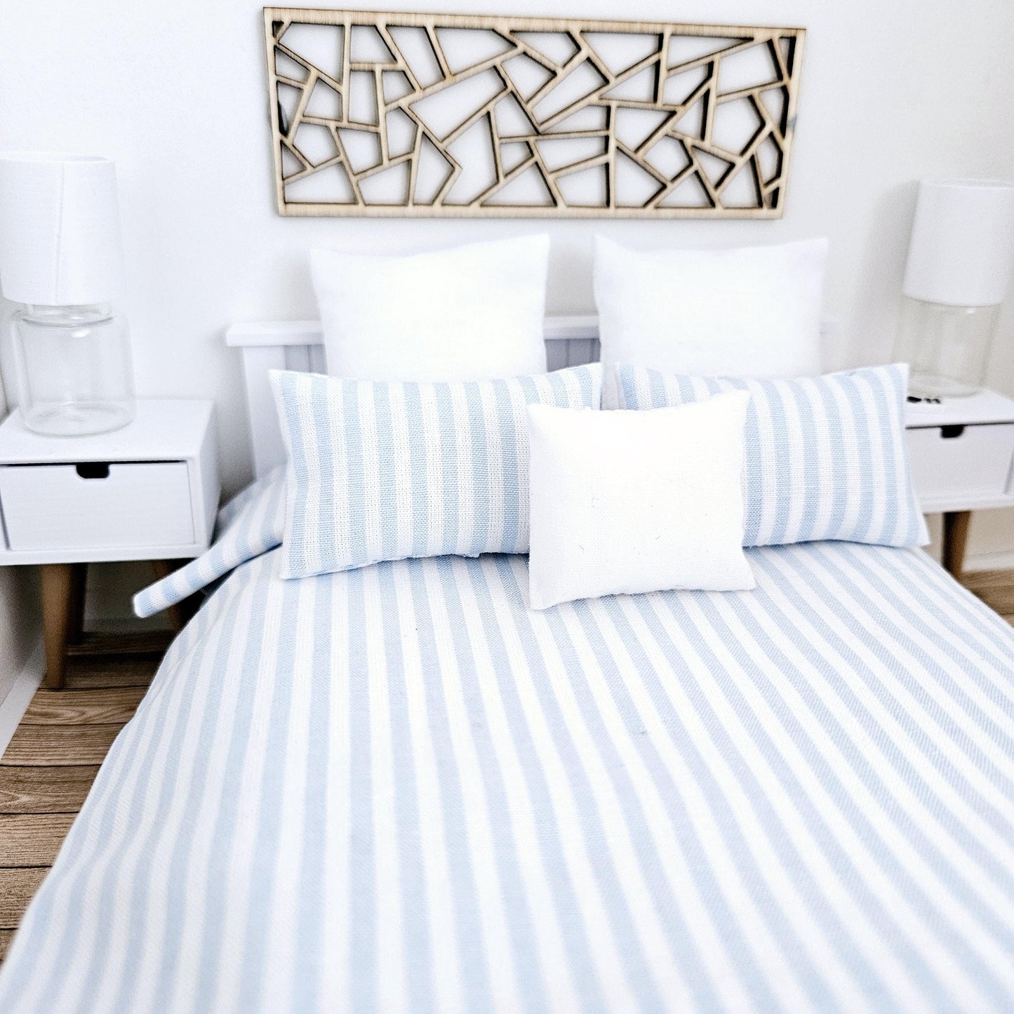 Dolls house 6 piece set, Pretty Blue & White Stripe double bedding set, 12th scale, miniature bedding
