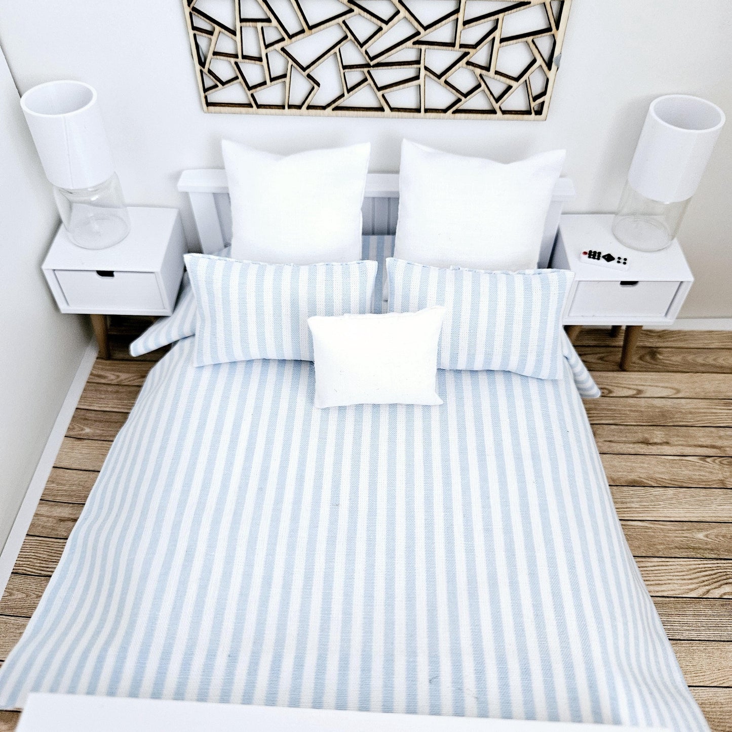 Dolls house 6 piece set, Pretty Blue & White Stripe double bedding set, 12th scale, miniature bedding