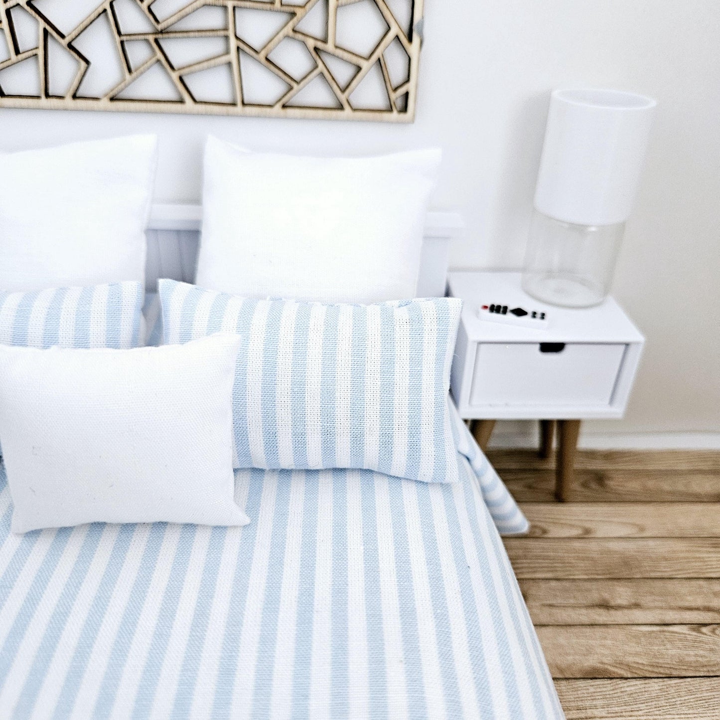 Dolls house 6 piece set, Pretty Blue & White Stripe double bedding set, 12th scale, miniature bedding