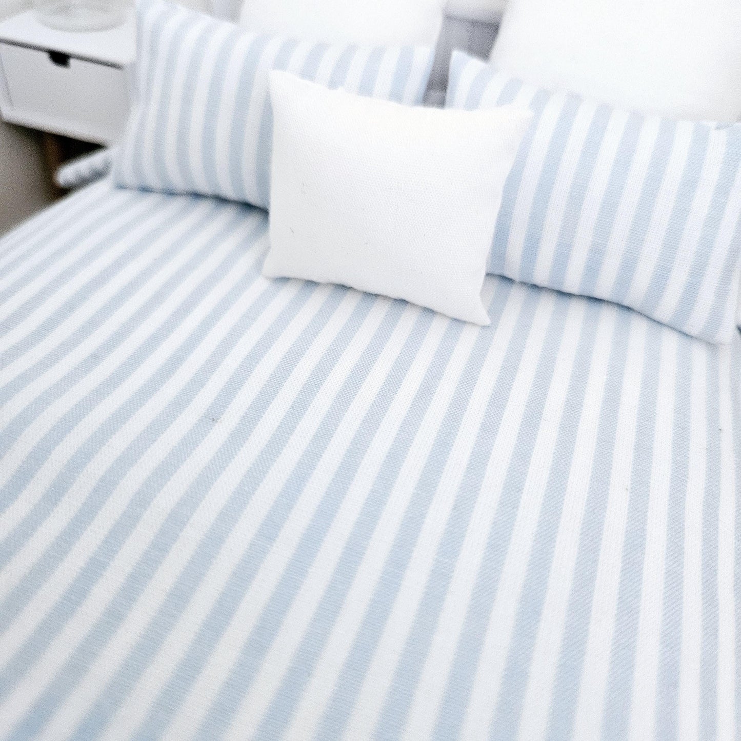 Dolls house 6 piece set, Pretty Blue & White Stripe double bedding set, 12th scale, miniature bedding