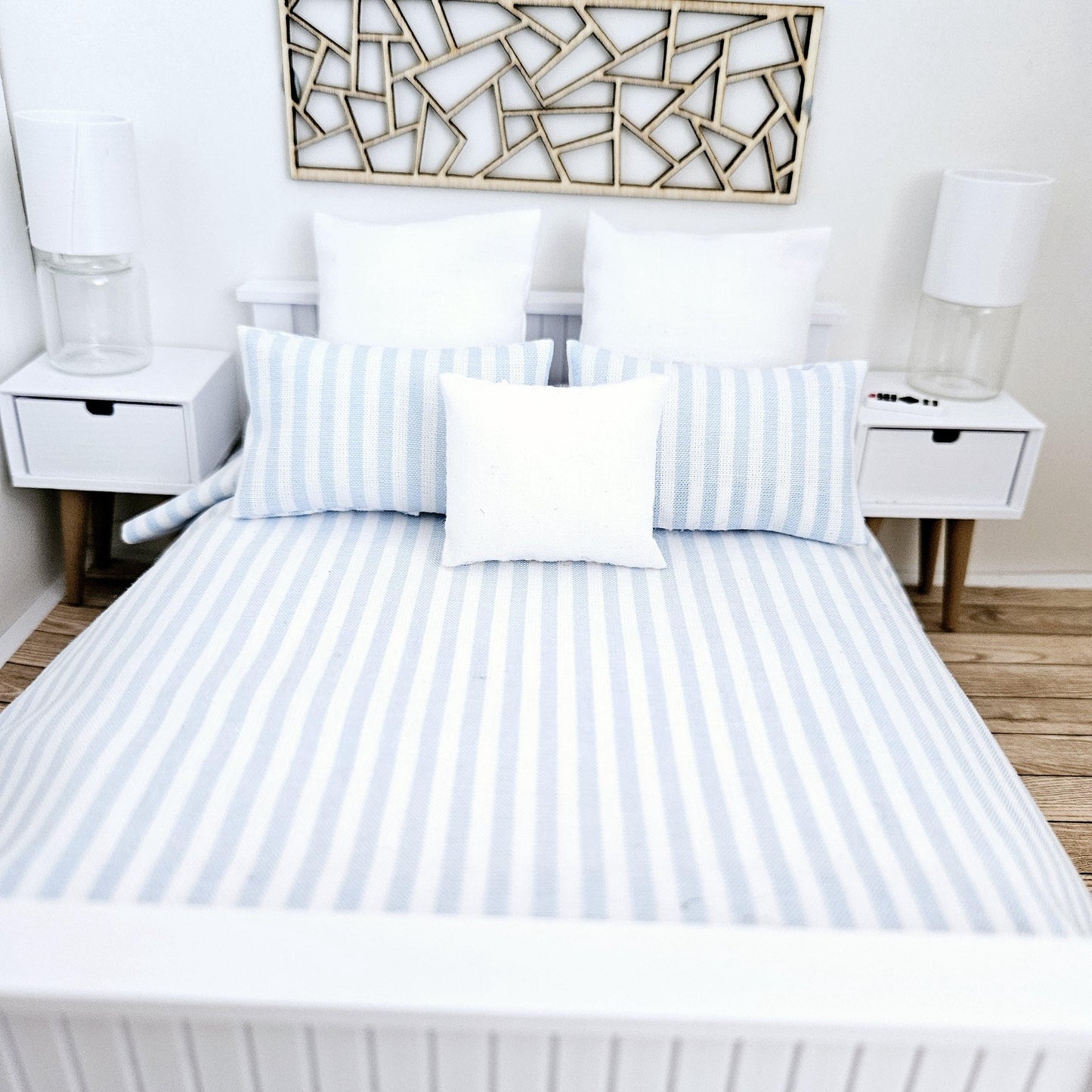 Dolls house 6 piece set, Pretty Blue & White Stripe double bedding set, 12th scale, miniature bedding