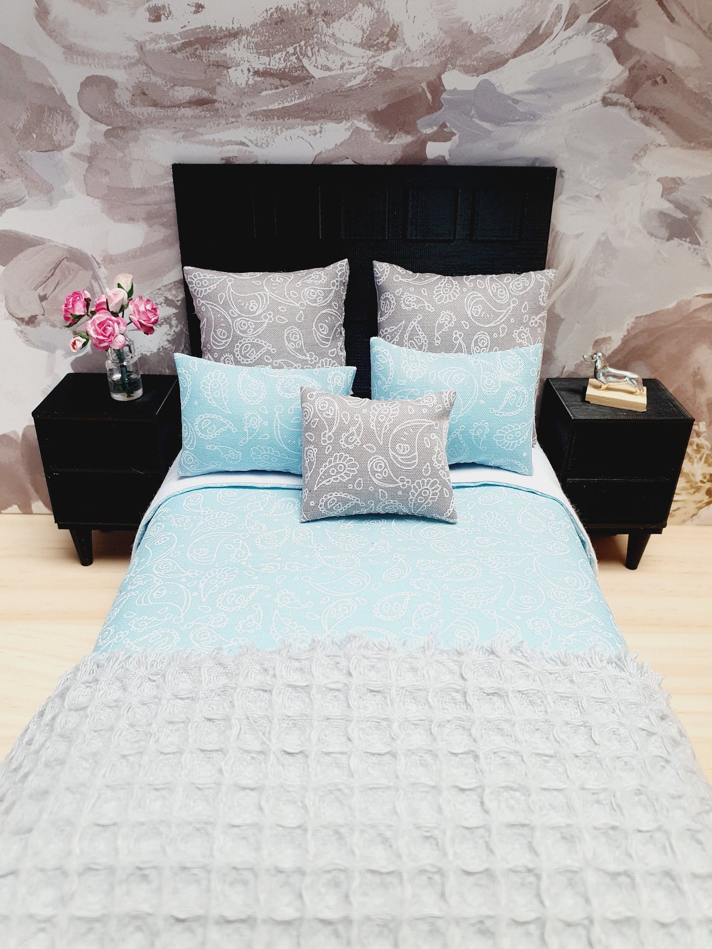 Dolls house 6 piece set, Double bedding, Blue double bedding set, 12th scale bedding, miniature bed set