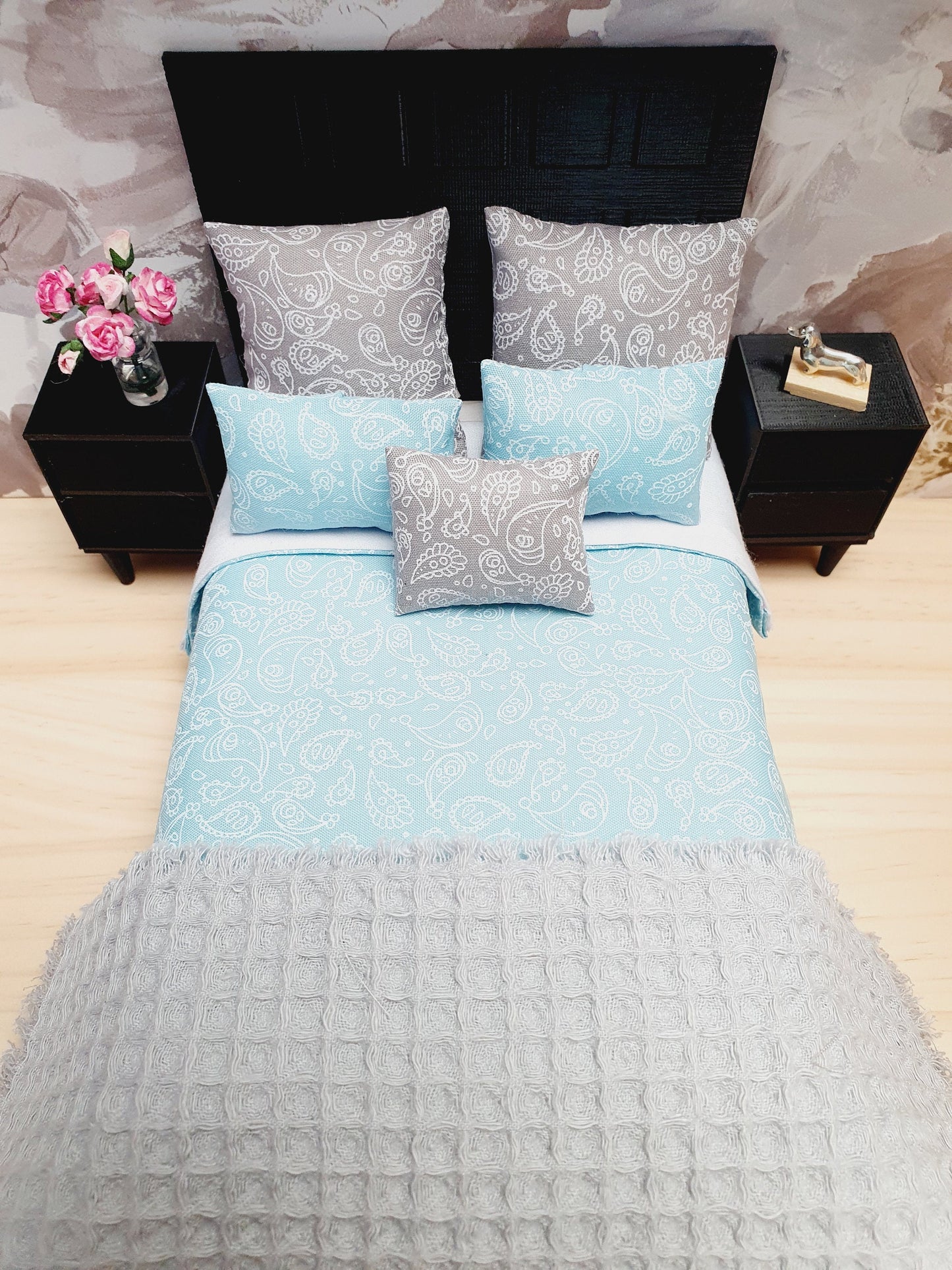 Dolls house 6 piece set, Double bedding, Blue double bedding set, 12th scale bedding, miniature bed set