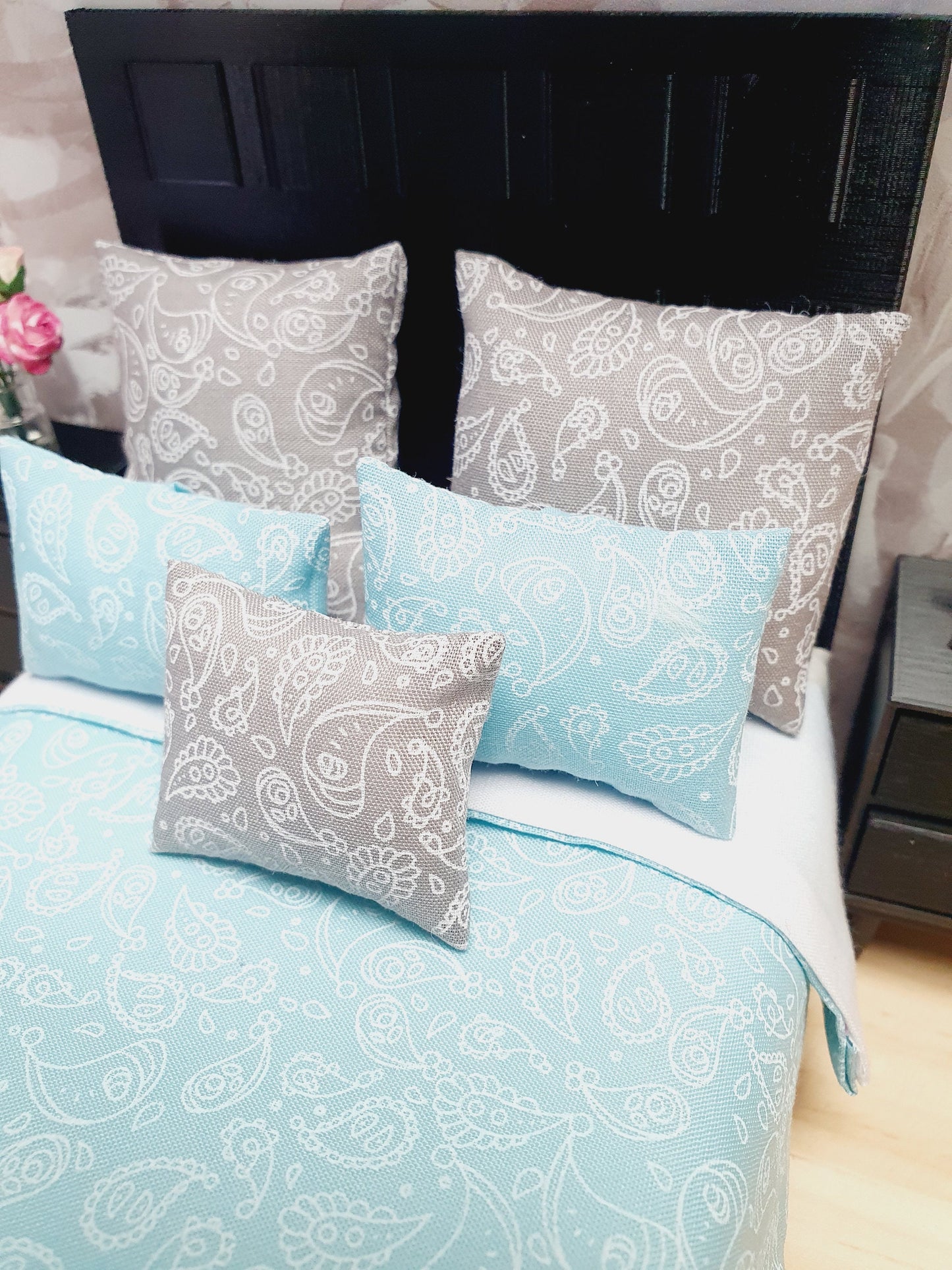 Dolls house 6 piece set, Double bedding, Blue double bedding set, 12th scale bedding, miniature bed set