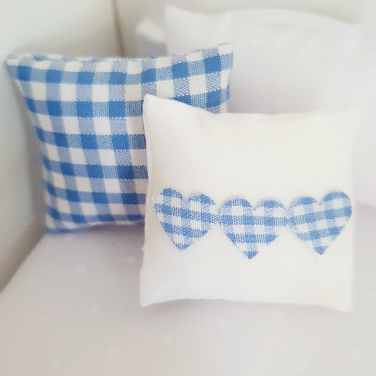Dolls house 2x cushions, 1x Blue check & 1x white with blue check Love Hearts, 12th scale cushions, miniature cushions