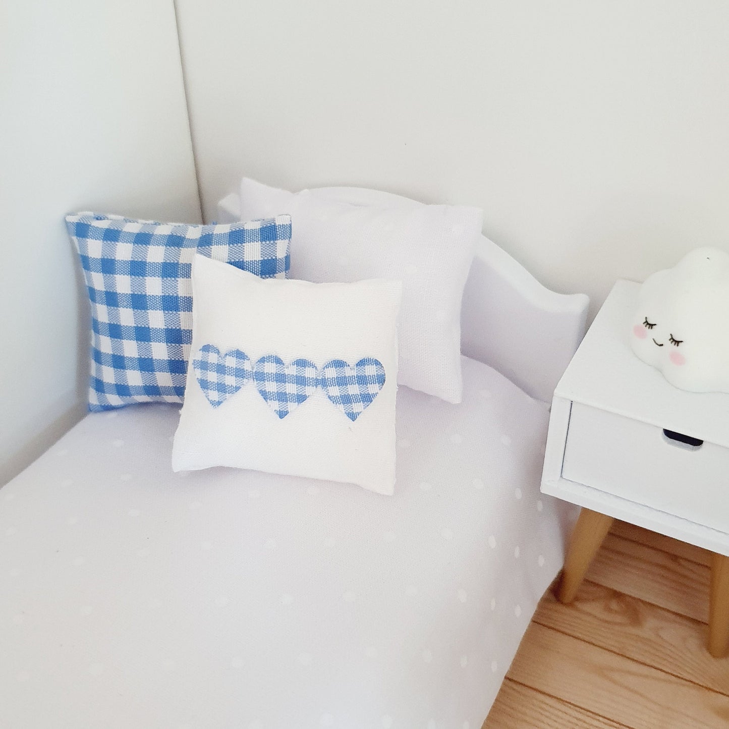 Dolls house 2x cushions, 1x Blue check & 1x white with blue check Love Hearts, 12th scale cushions, miniature cushions
