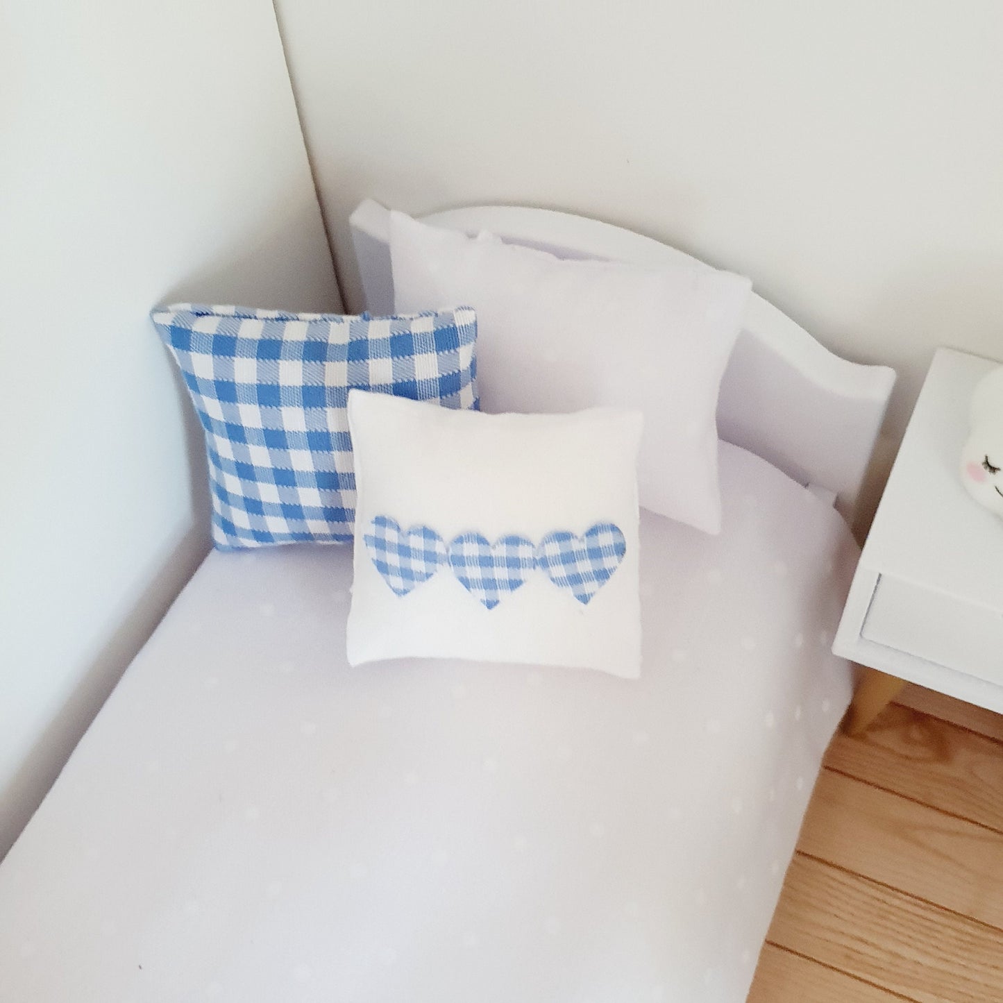 Dolls house 2x cushions, 1x Blue check & 1x white with blue check Love Hearts, 12th scale cushions, miniature cushions
