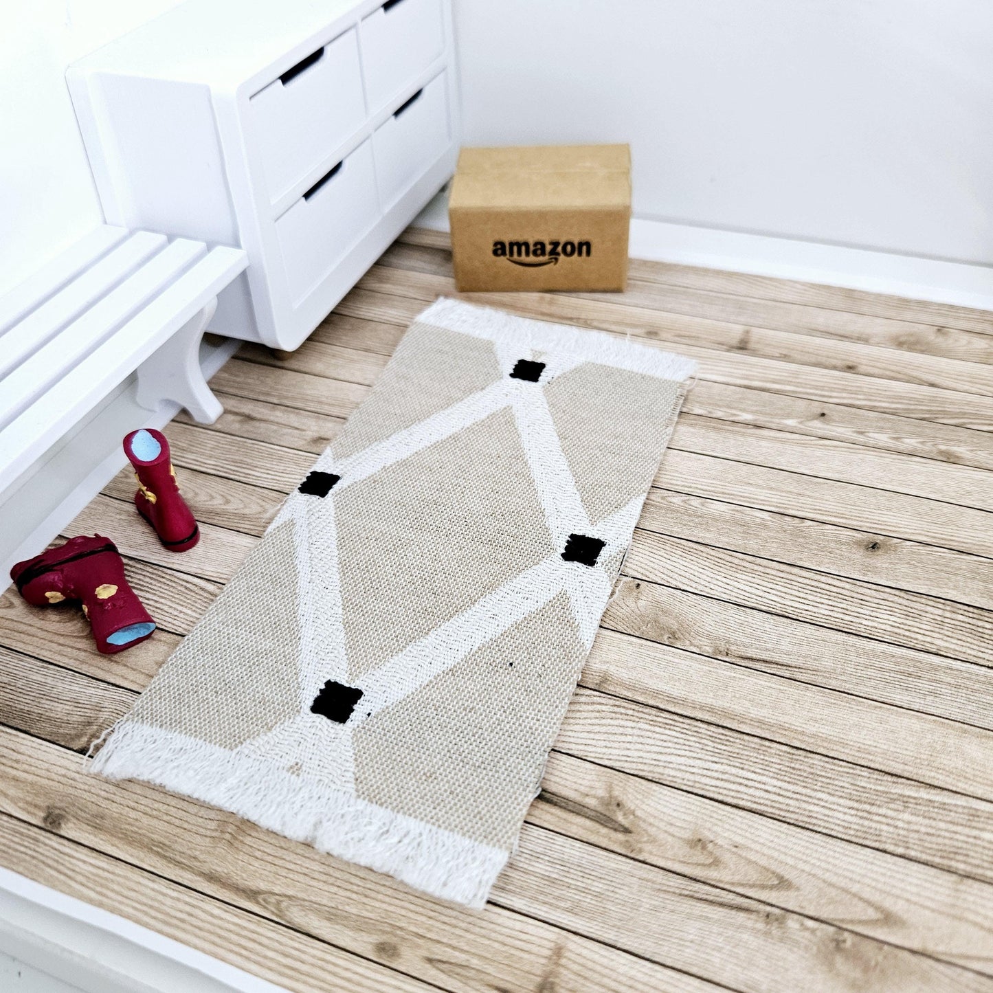 Dolls House Beige Pattern Rug / Runner | Linen Rug | 1:12th Scale | Miniature Rug