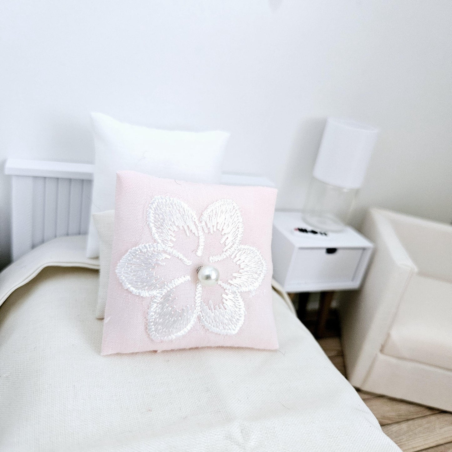 Dolls House Pretty Pink with White Flower Cushion, 12th scale cushions, miniature cushion