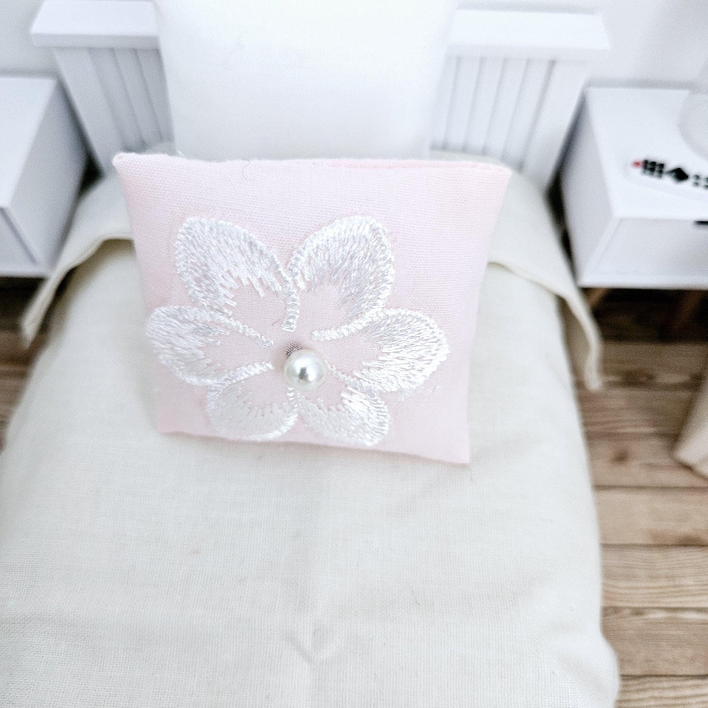 Dolls House Pretty Pink with White Flower Cushion, 12th scale cushions, miniature cushion
