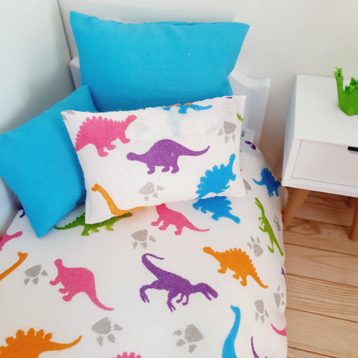 Dolls House Junior Bedding Set – Dinosaur Design with Blue Cushion, Handmade in England, 1:12 Scale
