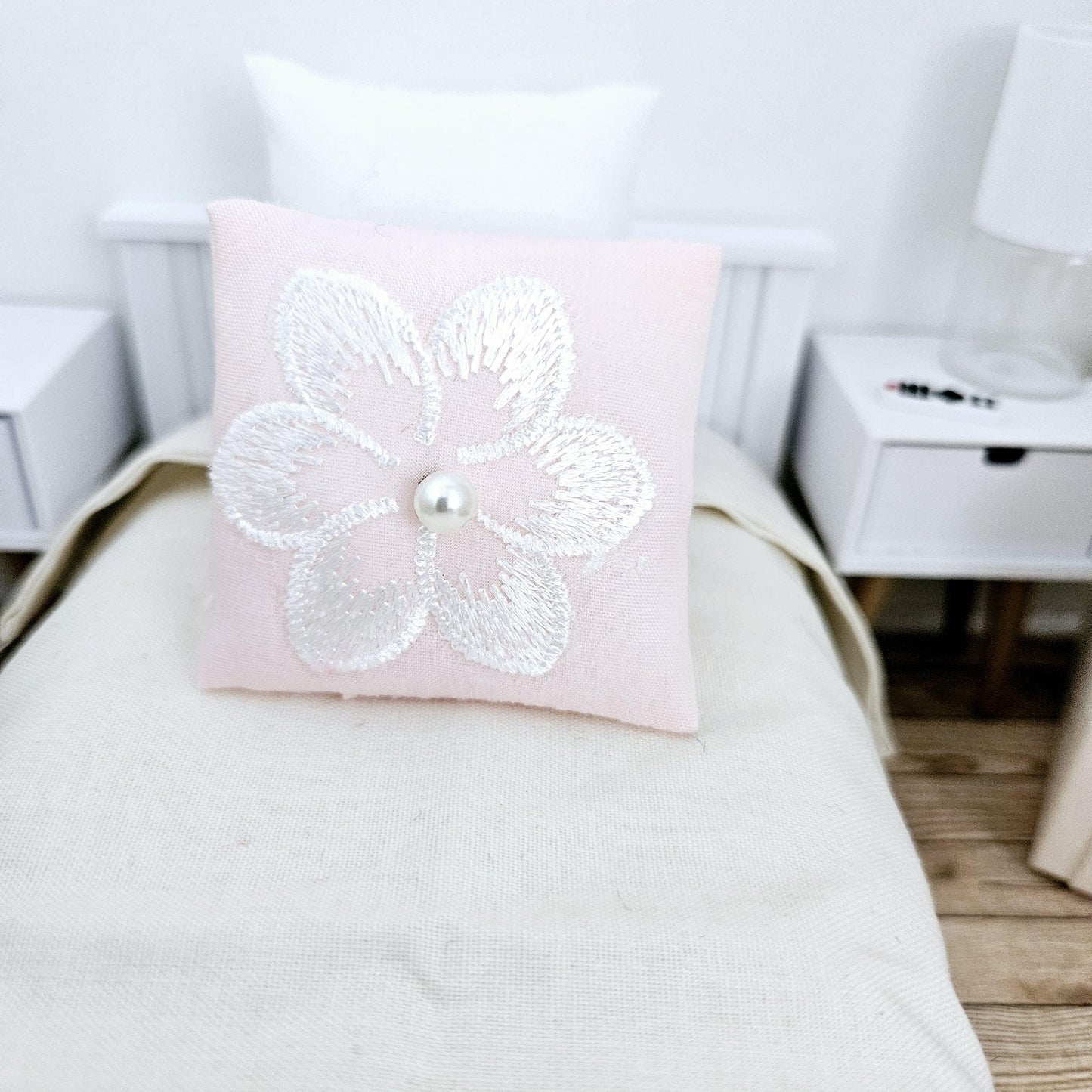 Dolls House Pretty Pink with White Flower Cushion, 12th scale cushions, miniature cushion