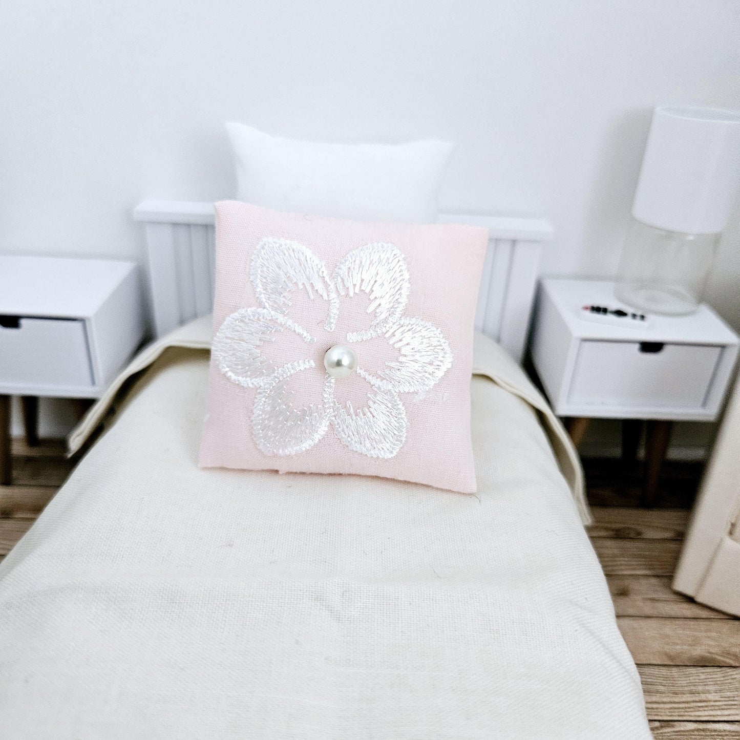 Dolls House Pretty Pink with White Flower Cushion, 12th scale cushions, miniature cushion