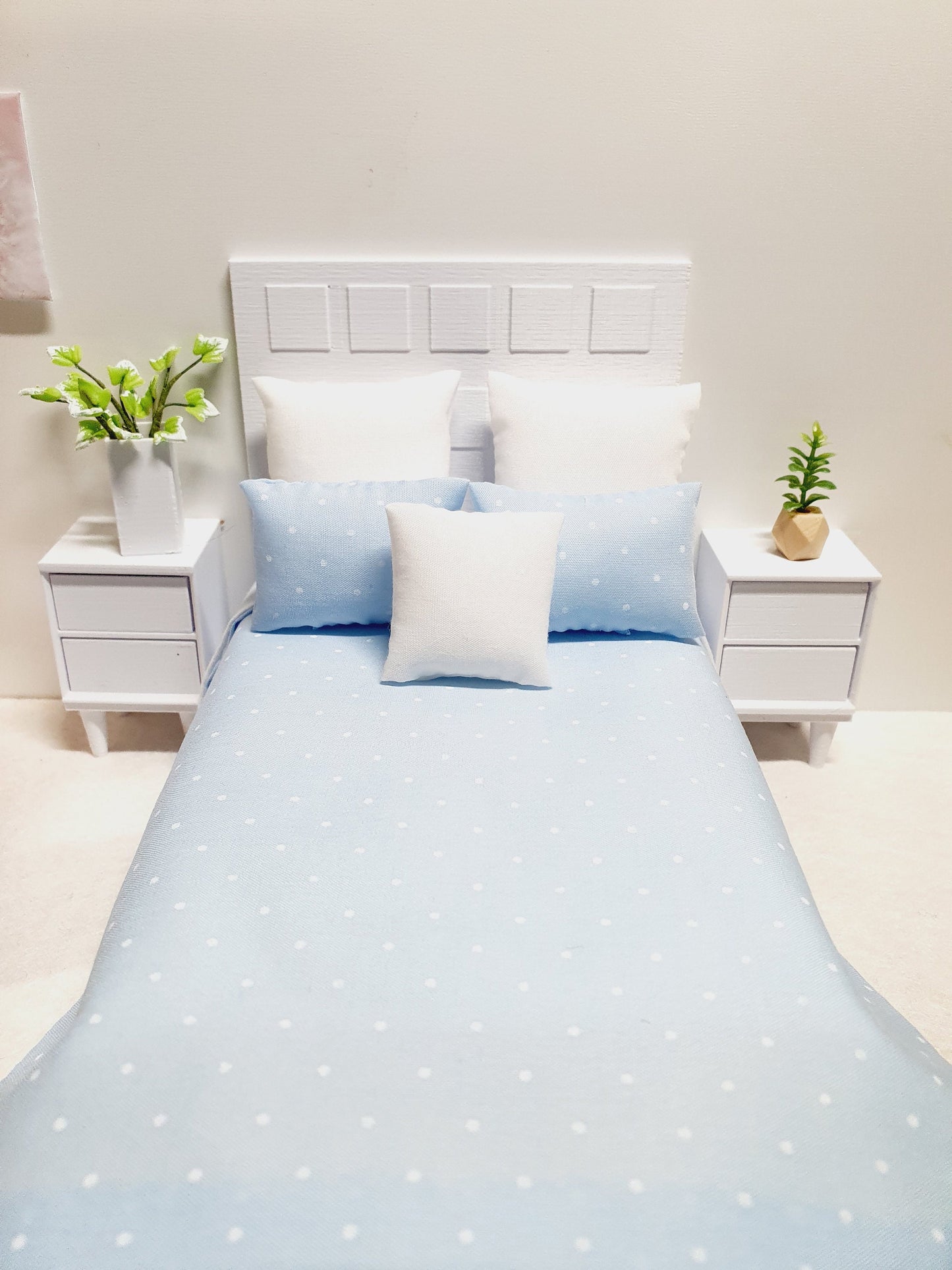 Dolls house Double Bed bedding, Pretty Polka Dots, 6 Piece Set, Choice of Colours, 12th scale bedding, Miniature bed set