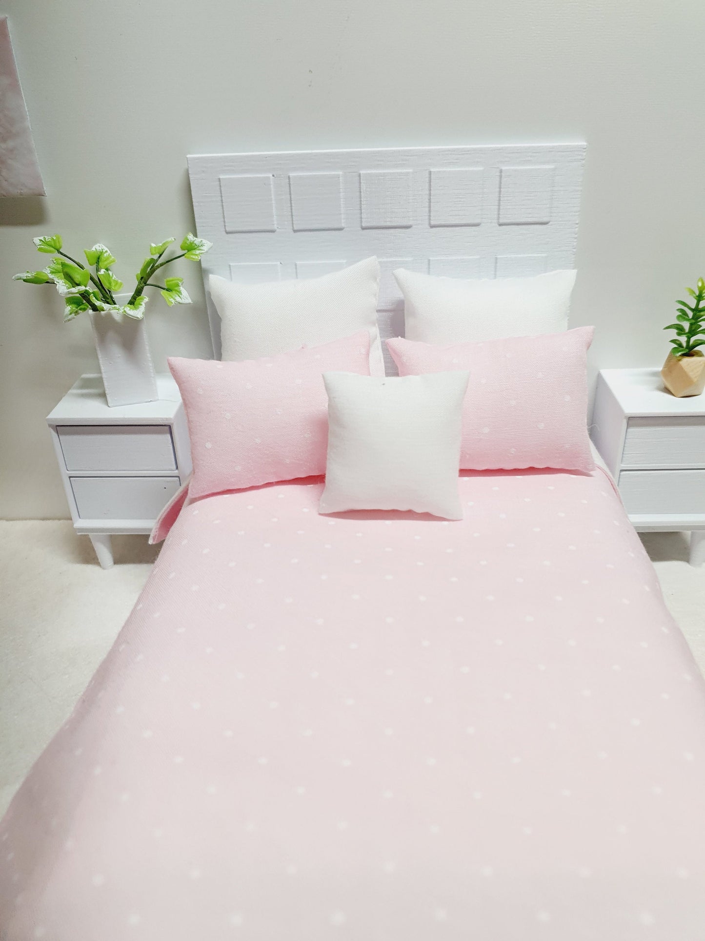 Dolls house Double Bed bedding, Pretty Polka Dots, 6 Piece Set, Choice of Colours, 12th scale bedding, Miniature bed set