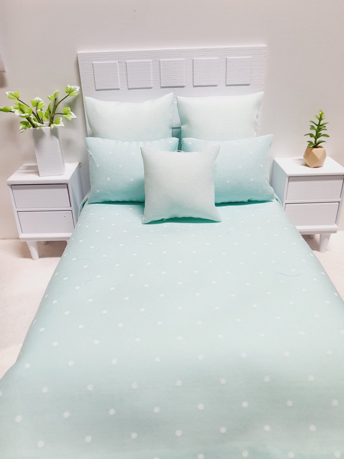 Dolls house Double Bed bedding, Pretty Polka Dots, 6 Piece Set, Choice of Colours, 12th scale bedding, Miniature bed set