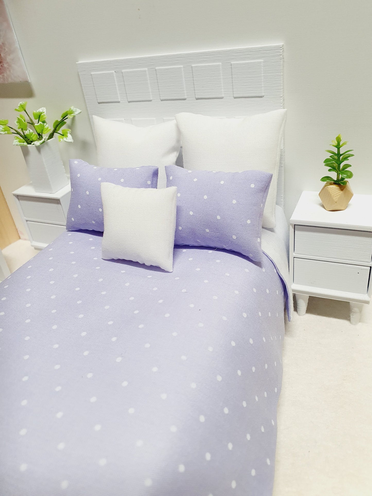 Dolls house Double Bed bedding, Pretty Polka Dots, 6 Piece Set, Choice of Colours, 12th scale bedding, Miniature bed set