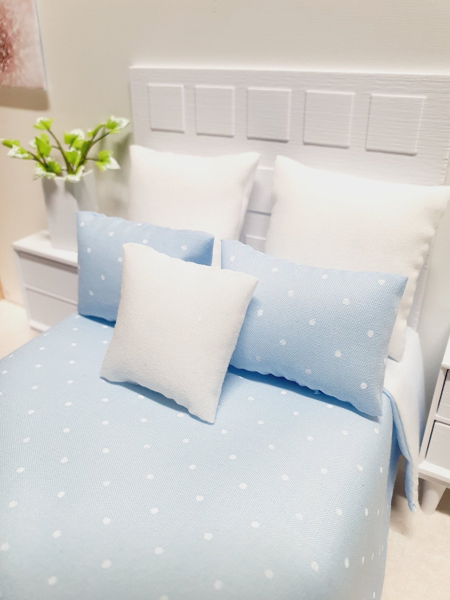 Dolls house Double Bed bedding, Pretty Polka Dots, 6 Piece Set, Choice of Colours, 12th scale bedding, Miniature bed set