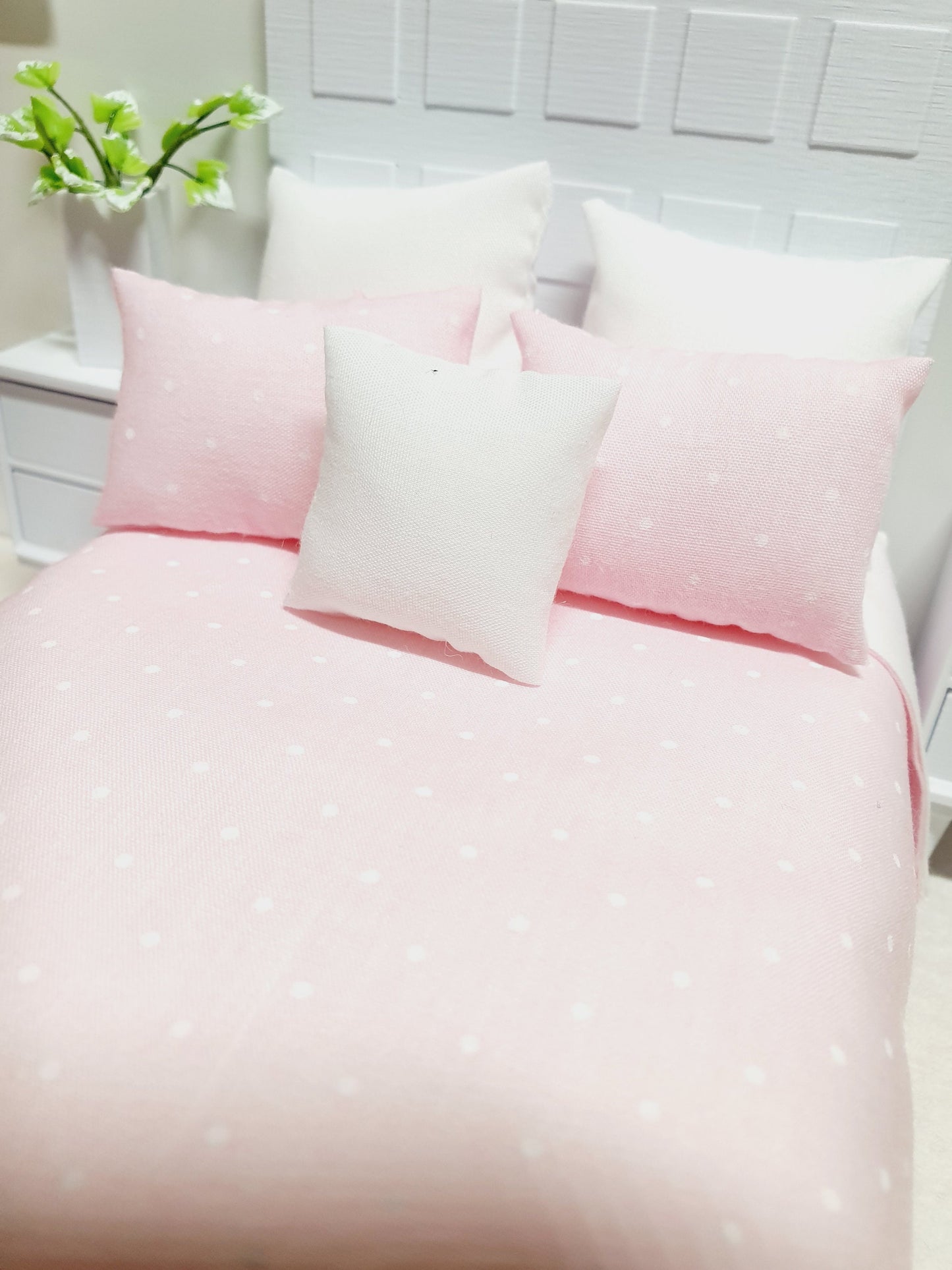 Dolls house Double Bed bedding, Pretty Polka Dots, 6 Piece Set, Choice of Colours, 12th scale bedding, Miniature bed set