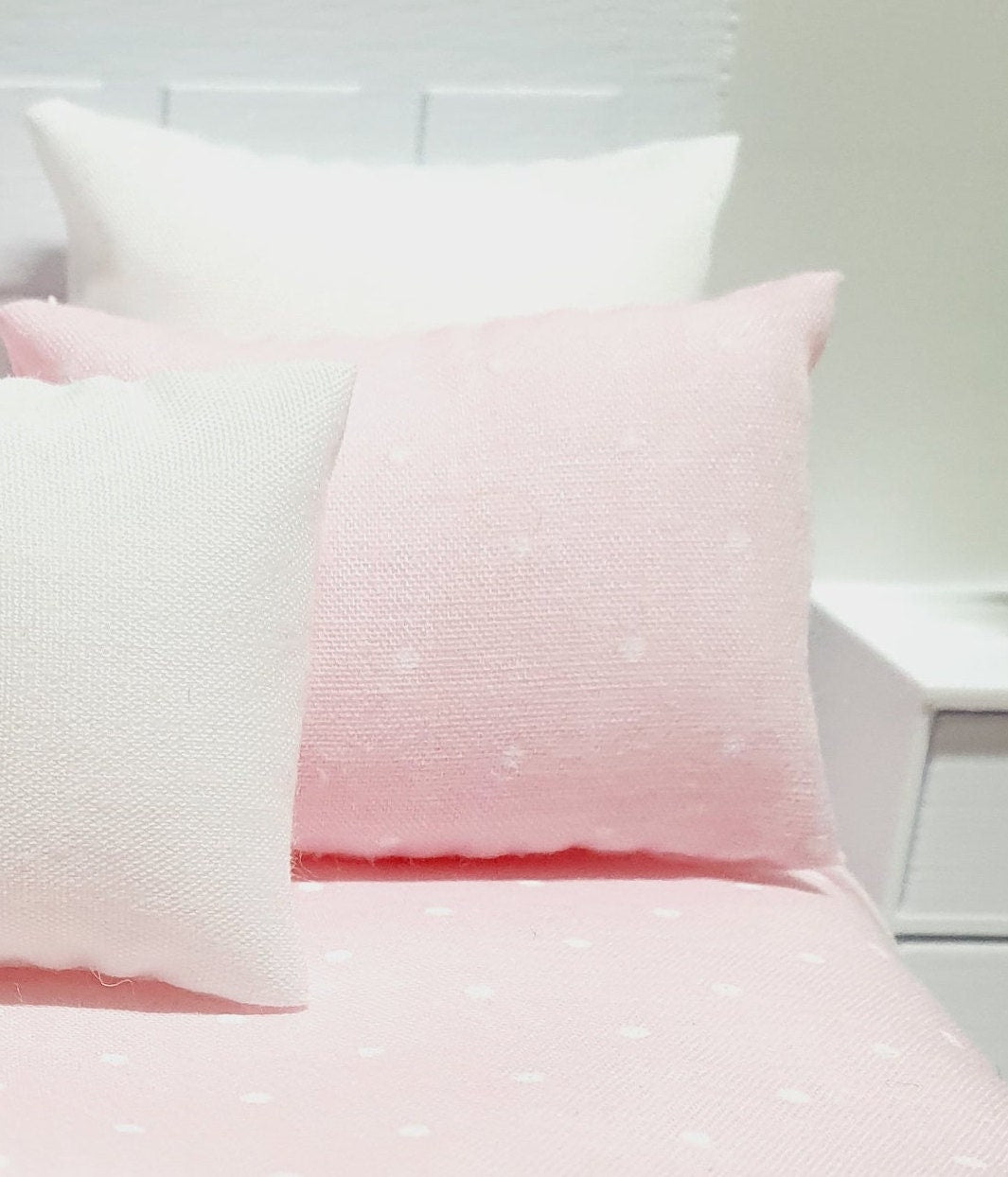 Dolls house Double Bed bedding, Pretty Polka Dots, 6 Piece Set, Choice of Colours, 12th scale bedding, Miniature bed set