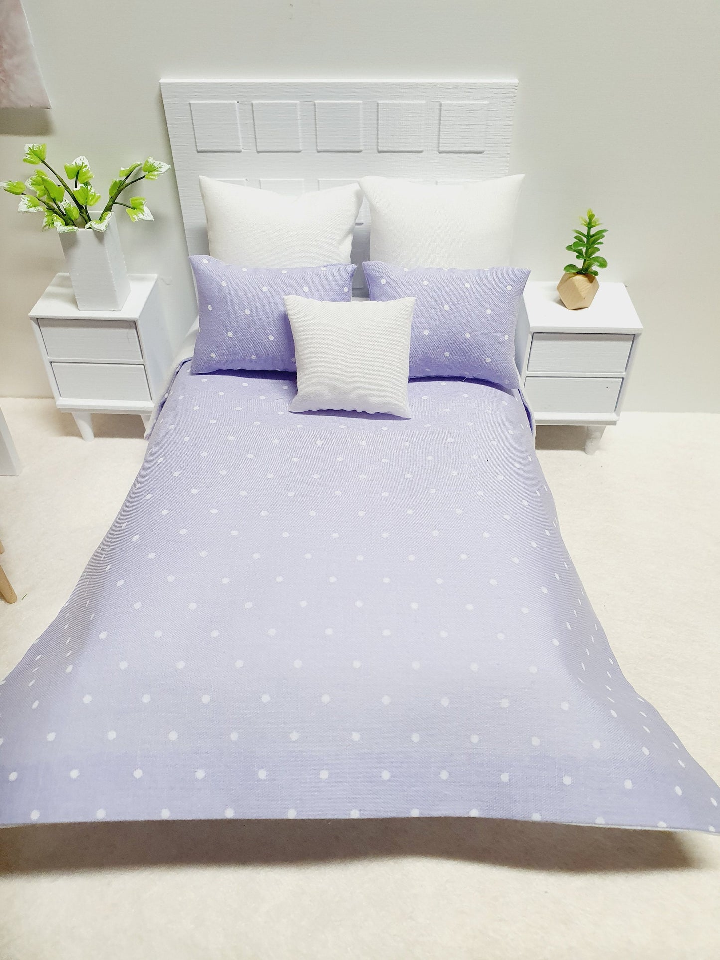 Dolls house Double Bed bedding, Pretty Polka Dots, 6 Piece Set, Choice of Colours, 12th scale bedding, Miniature bed set