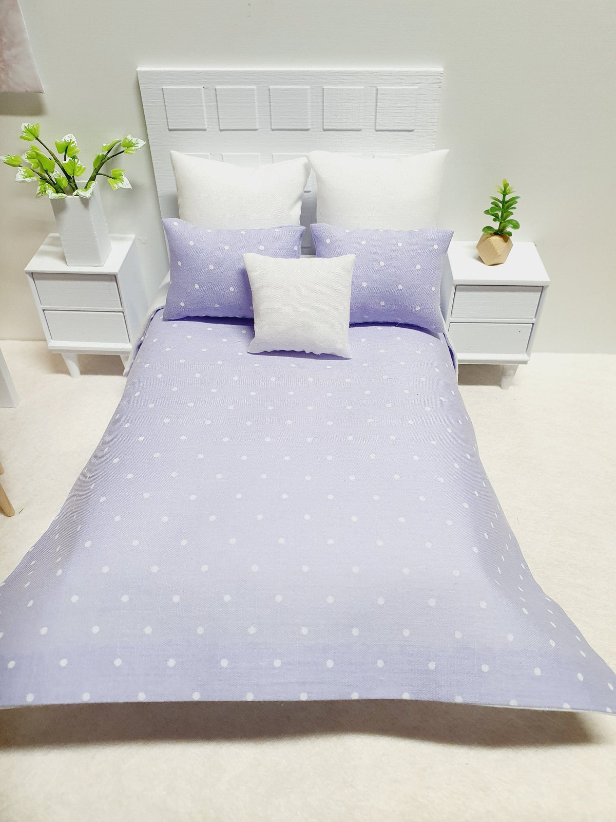 Dolls house Double Bed bedding, Pretty Polka Dots, 6 Piece Set, Choice of Colours, 12th scale bedding, Miniature bed set