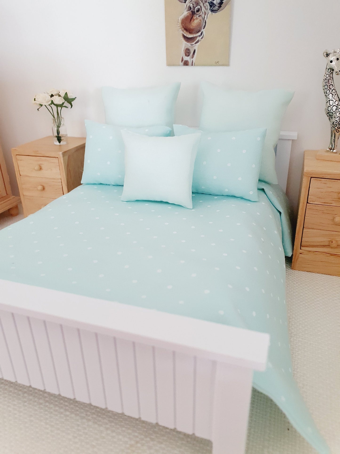 Dolls house 6 piece set, Double bedding, Mint Polka Dot print, 12th scale bedding, miniature bed set