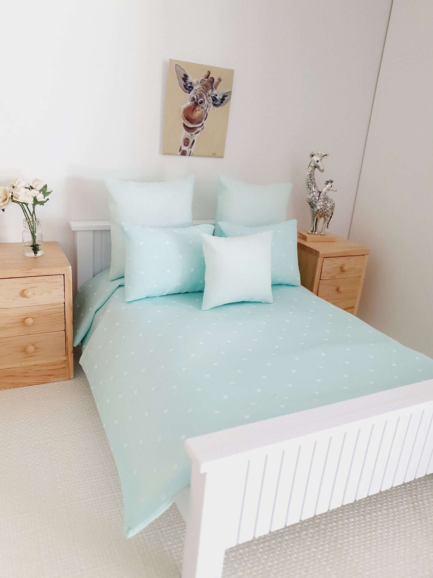 Dolls house 6 piece set, Double bedding, Mint Polka Dot print, 12th scale bedding, miniature bed set